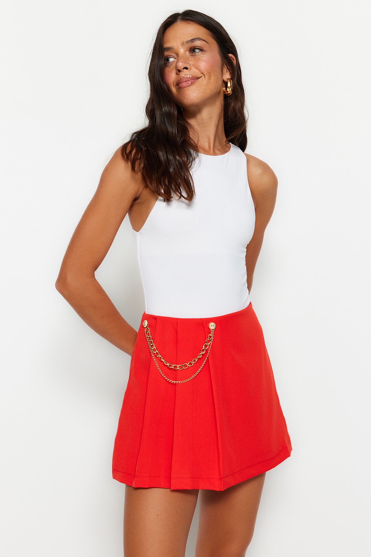 Trendyol Red Chain And Pleat Detailed Woven Short Skirt