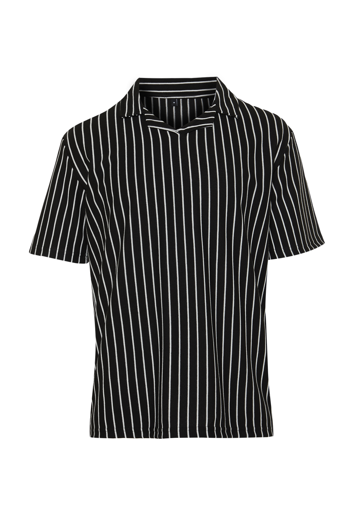 Levně Trendyol Black Regular/Regular Fit Striped Textured Polo Neck T-shirt
