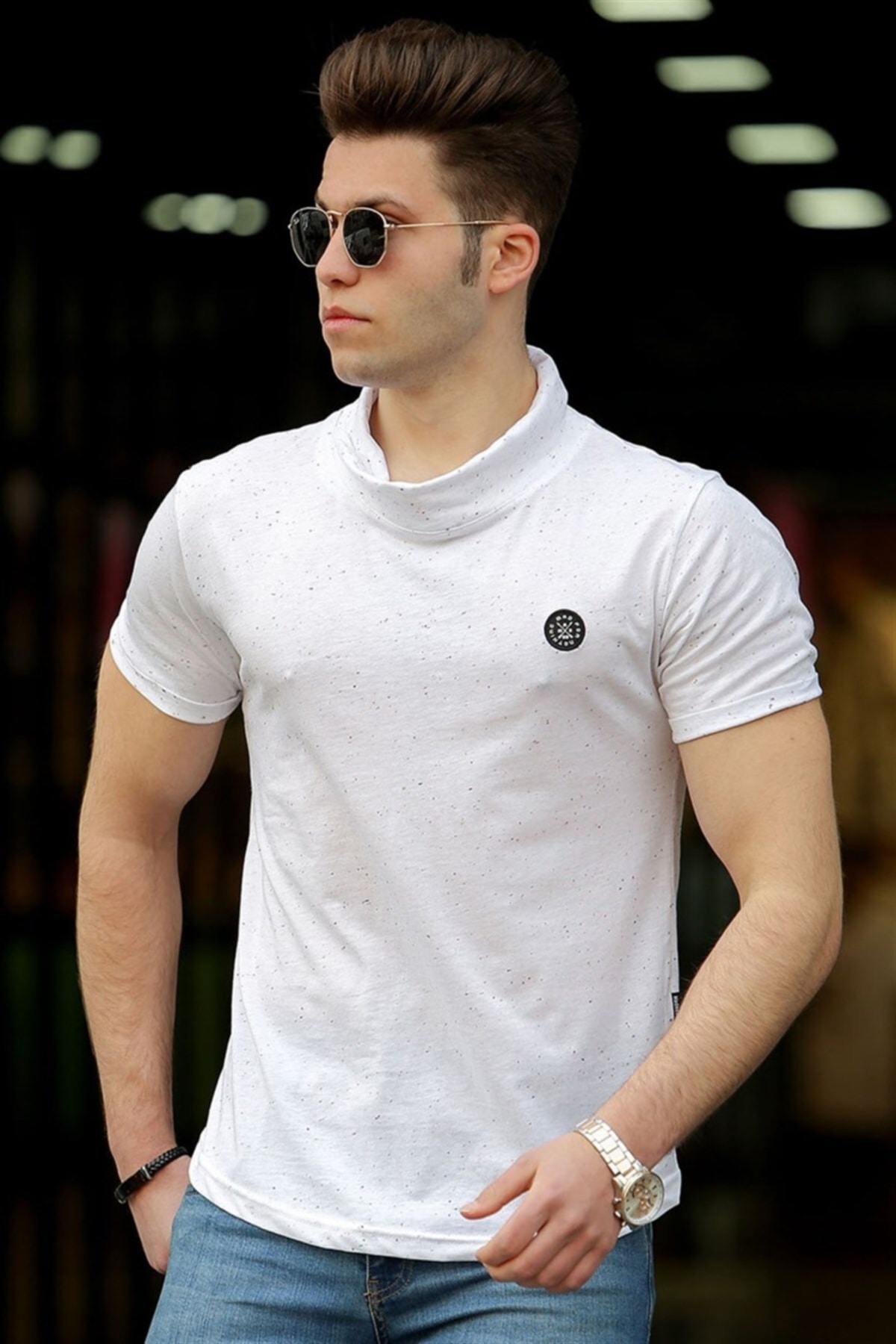 Madmext Men's Shawl Collar White T-Shirt 4554
