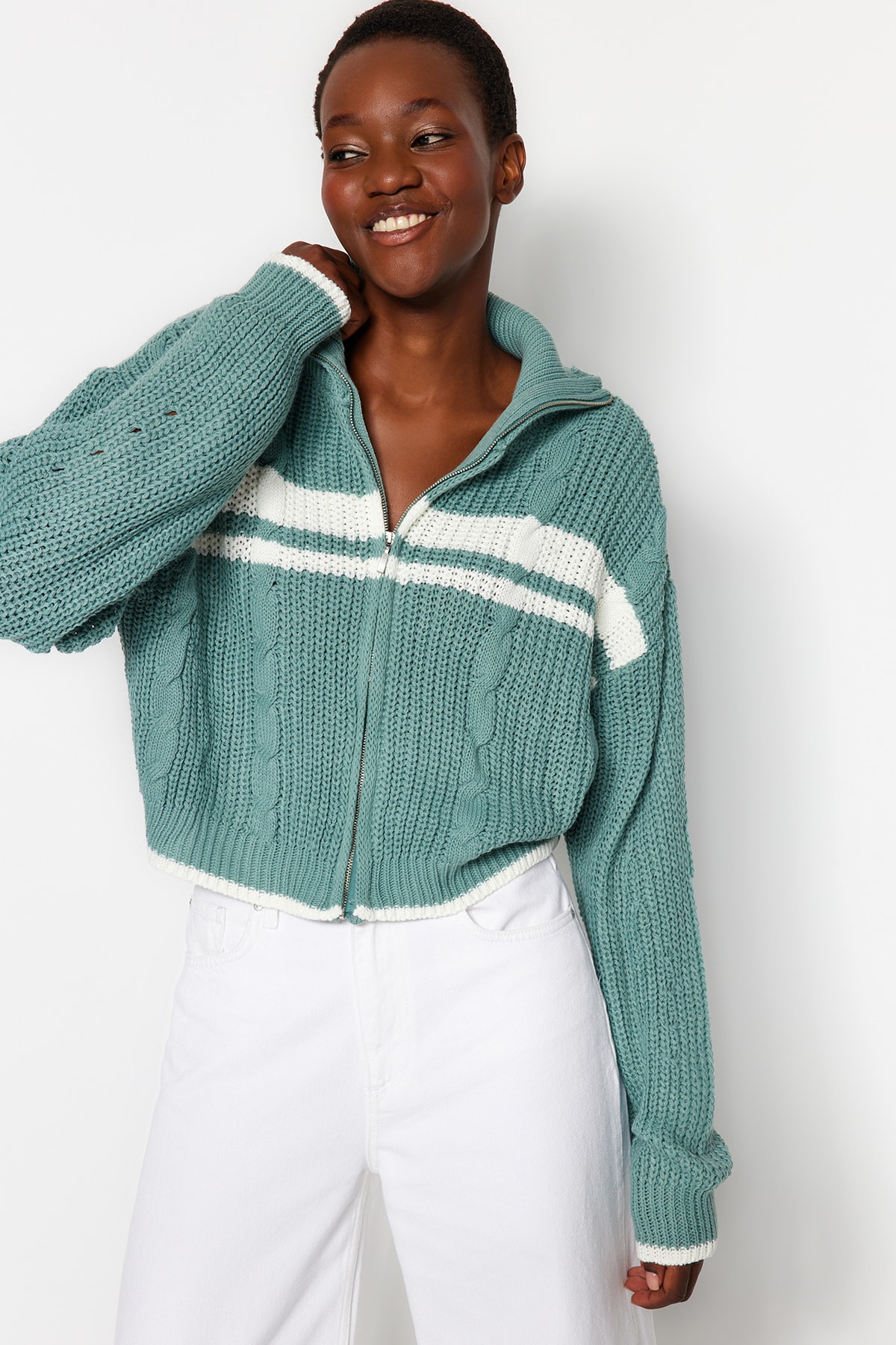 Trendyol Green Crop Color Block Stand Up Collar Knitwear Cardigan