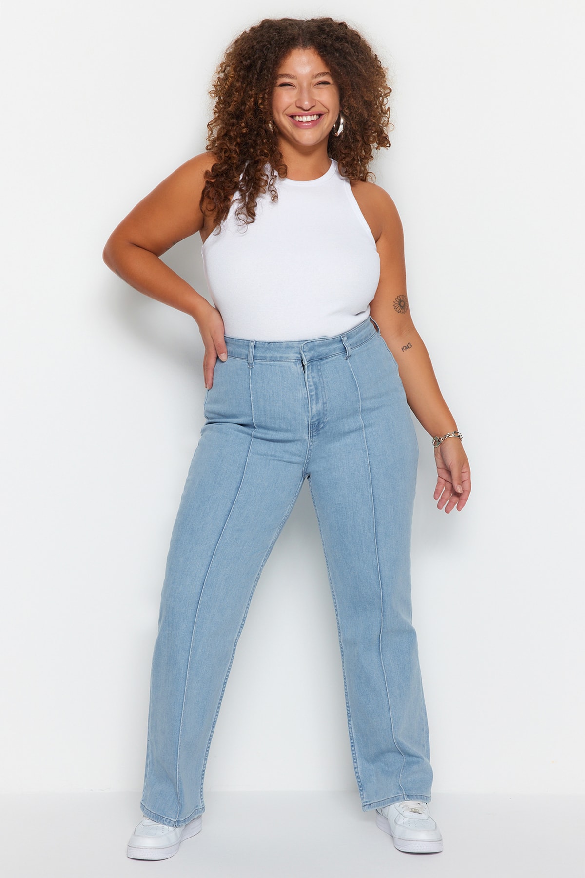 Blugi Trendyol Blue High Waist Ribed Wide-Cut