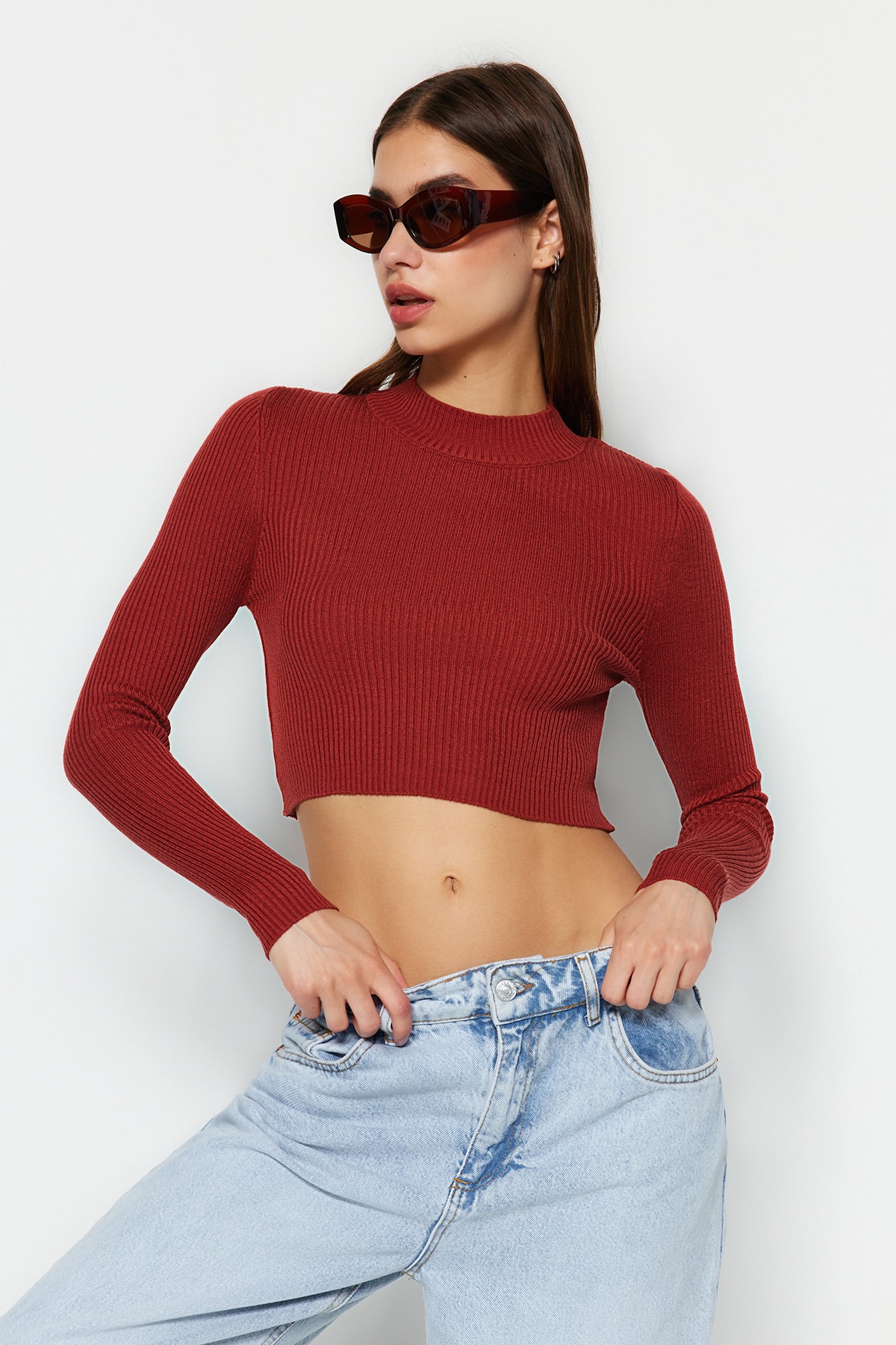 Trendyol Tile Crop Cotton Crew Neck Knitwear Sweater