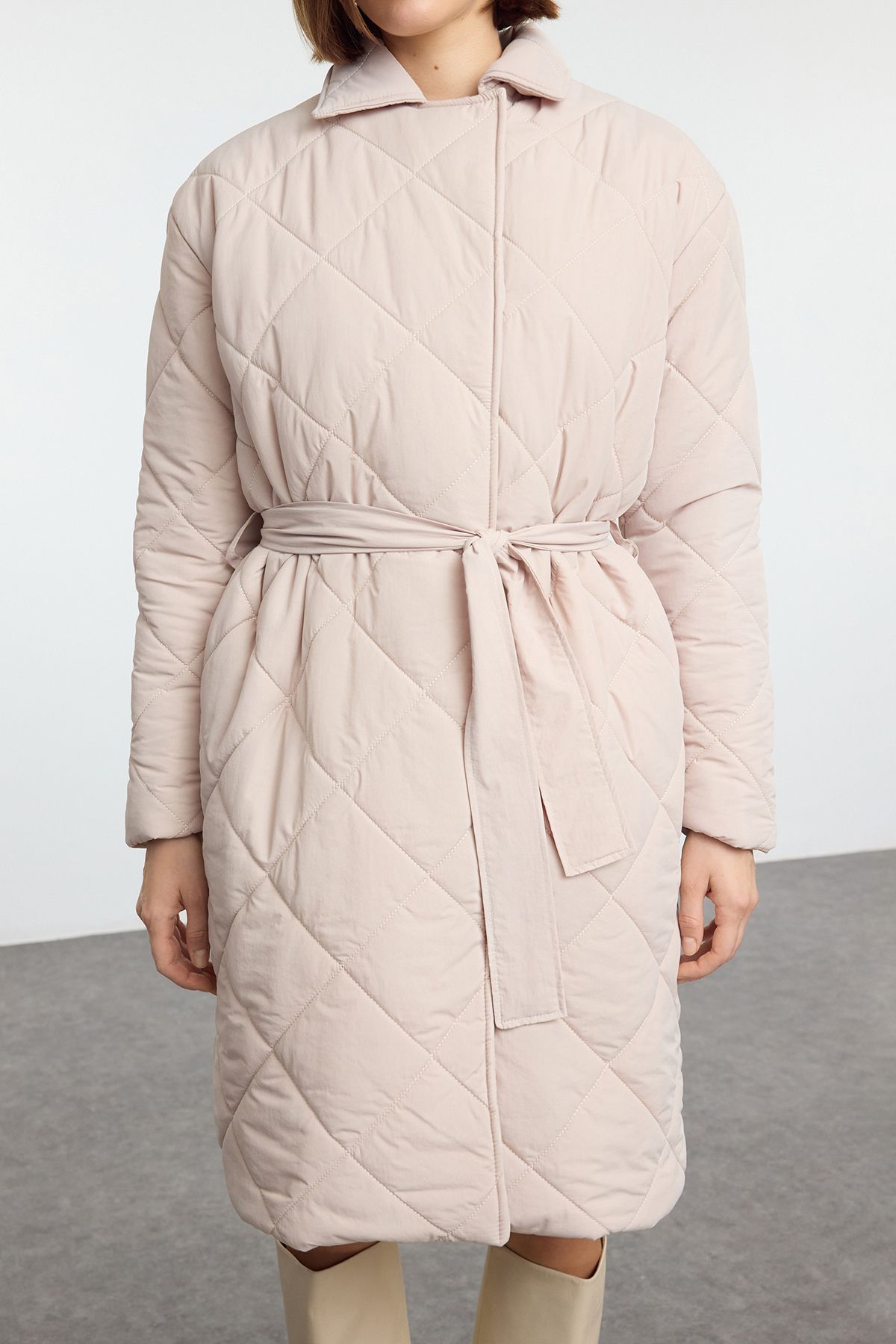 Trendyol Ecru Oversize Belted Long Quilted Puffer Coat
