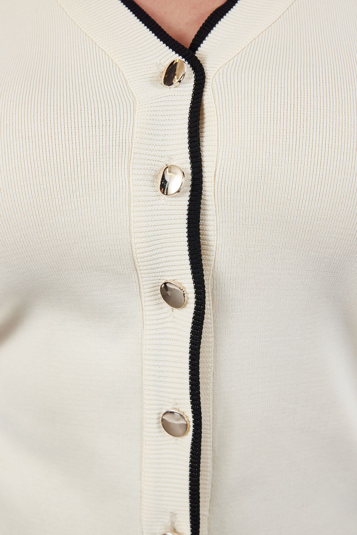 Trendyol Curve Cream Gold Button Detailed Striped Knitted Cardigan