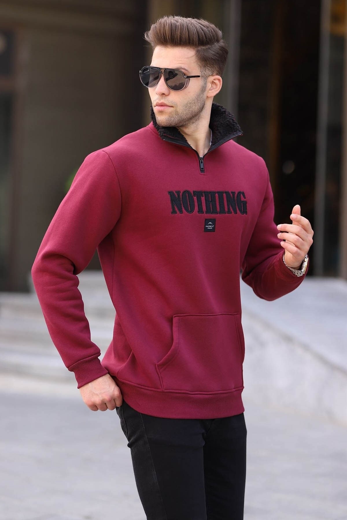 Madmext Claret Red Printed Sweatshirt with Zipper Detail 6003