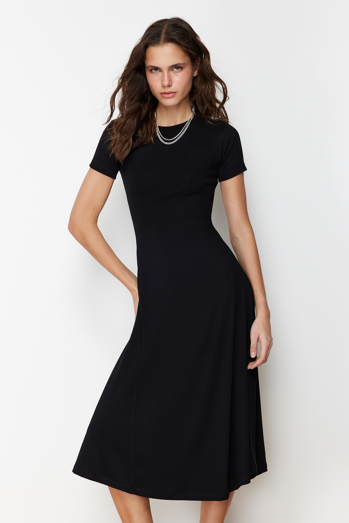 Trendyol Black Flounce Midi Elastic Knitted Dress