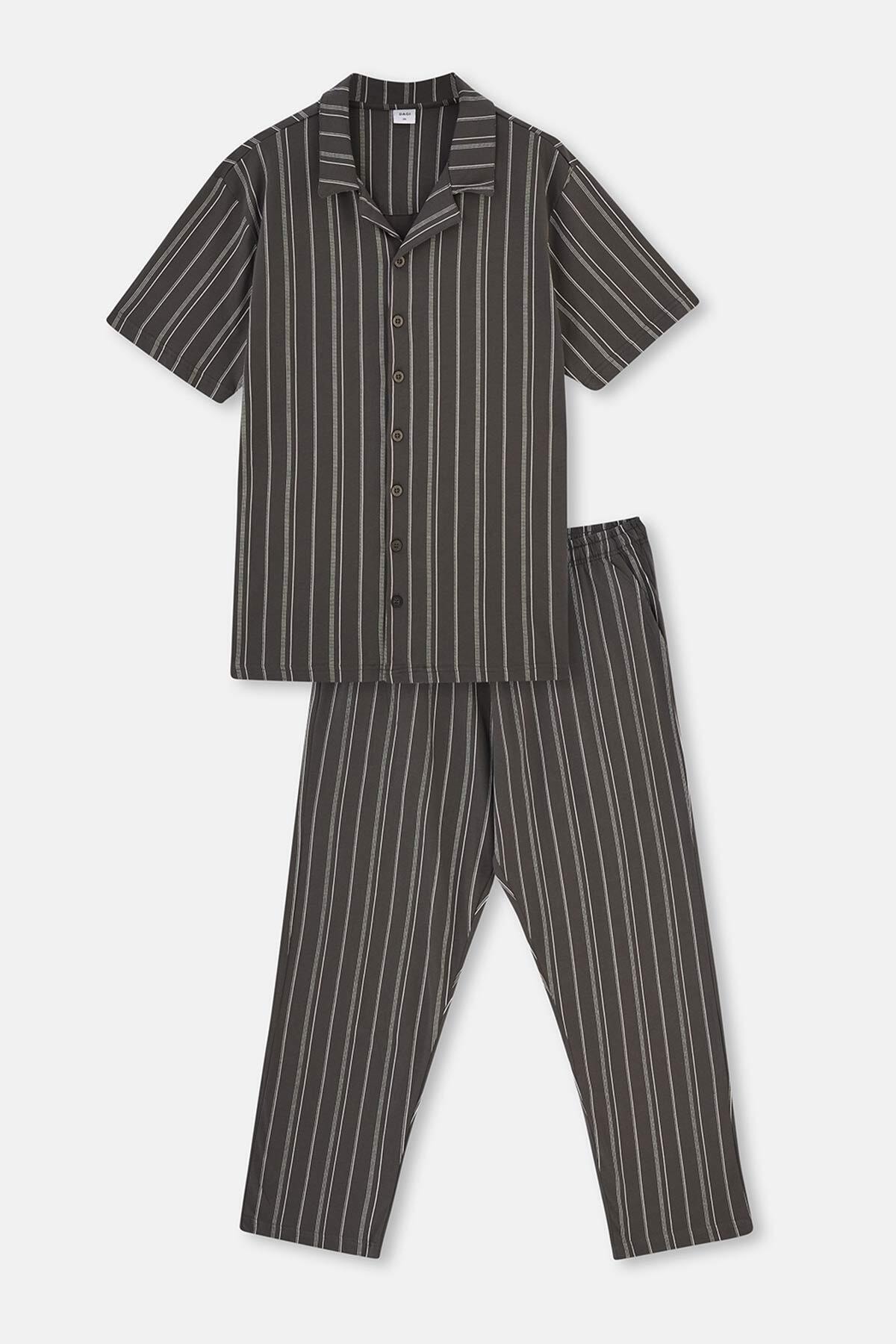 Levně Dagi Anthracite Shirt Collar Striped Knitted Pajamas Set