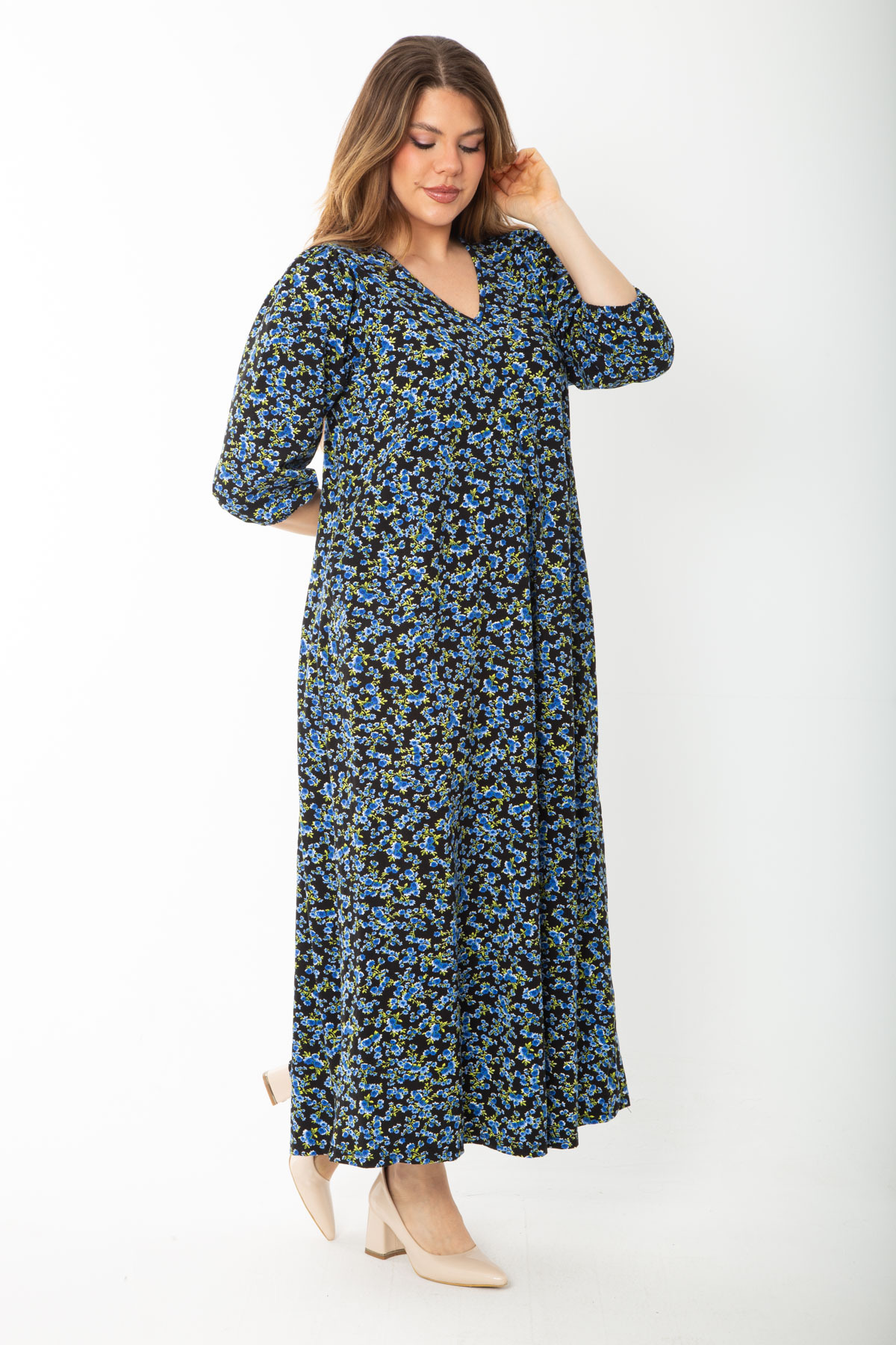 Şans Women's Plus Size Blue V-Neck A Front Pleated Elastic Detailed Dress