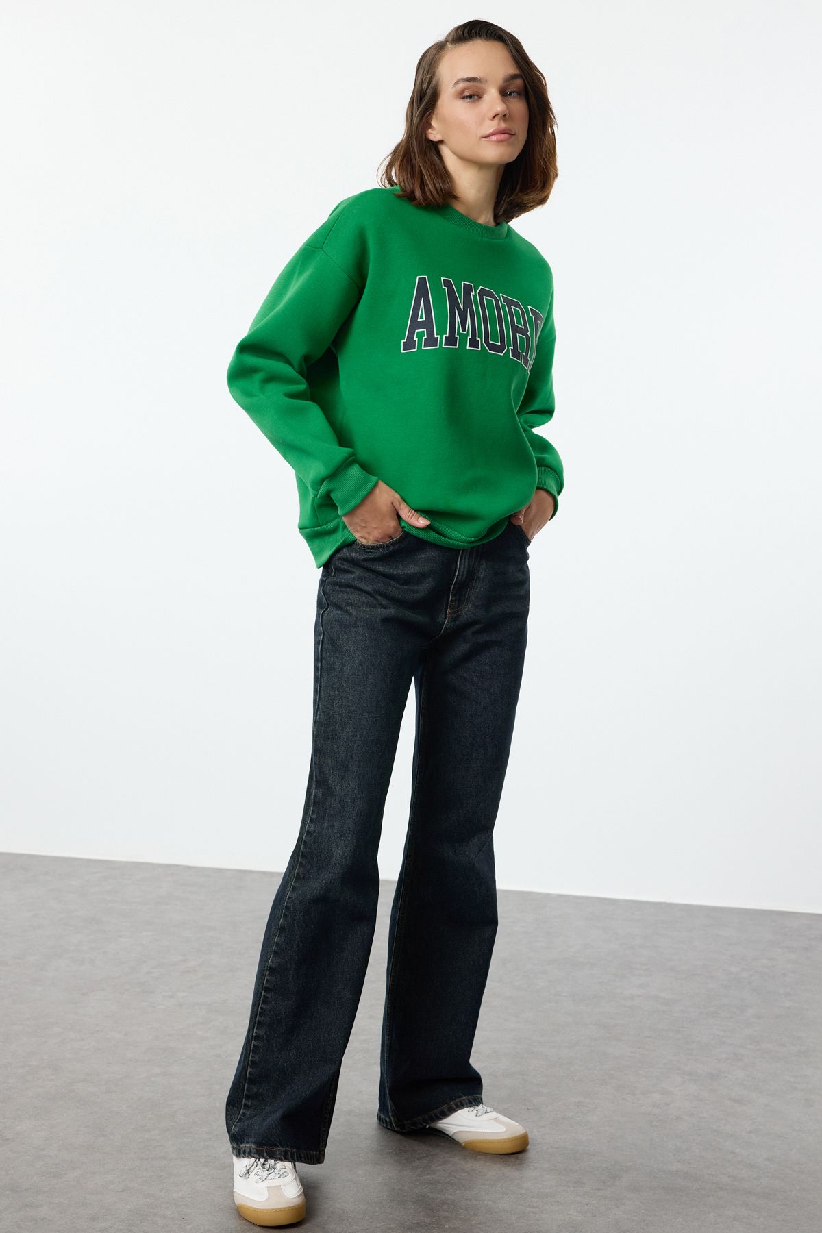 Trendyol Green Thick Polar Fleece Oversize/Wide Cut Slogan Embroidered Knitted Sweatshirt