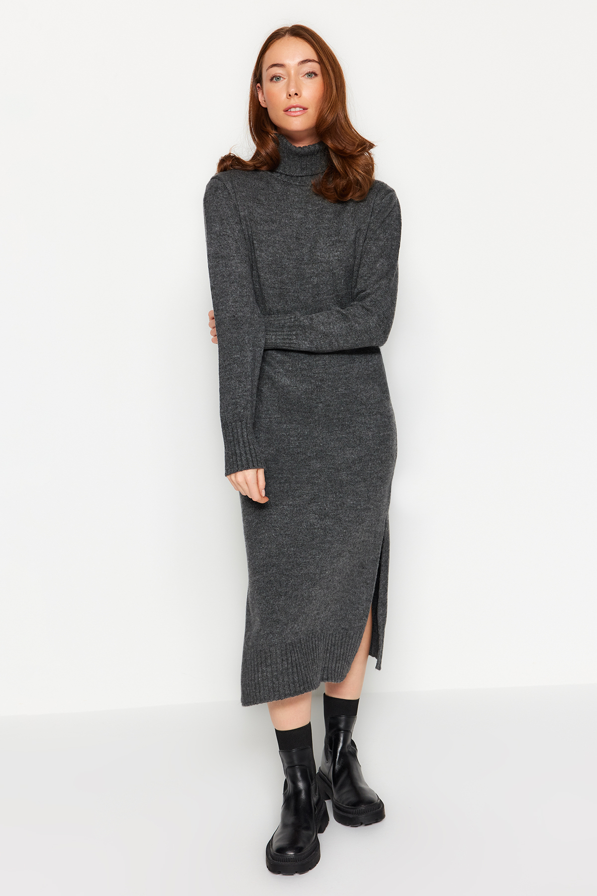 Trendyol Anthracite Midi Knit Wide Pattern Soft Texture Dress