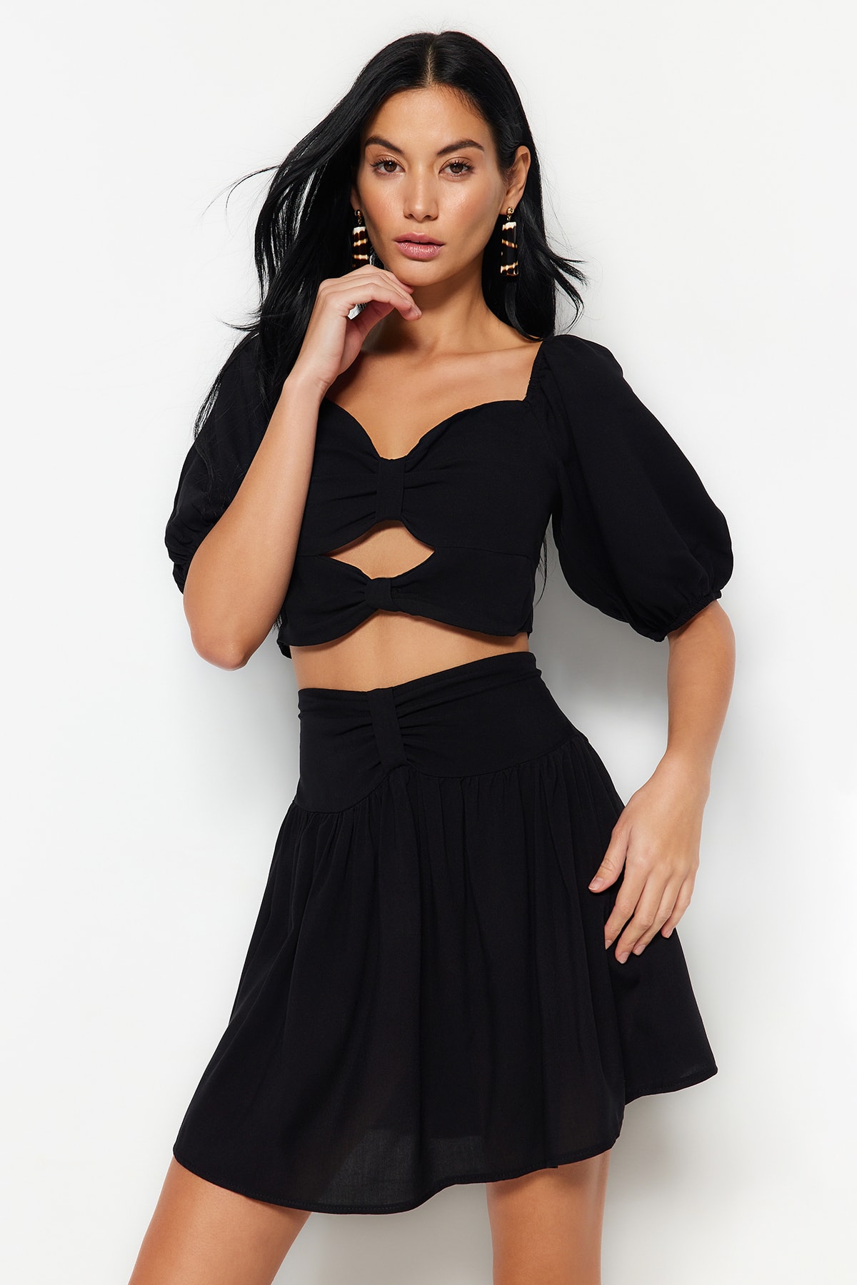 Trendyol Black Woven Cut Out/Window Blouse Skirt Set