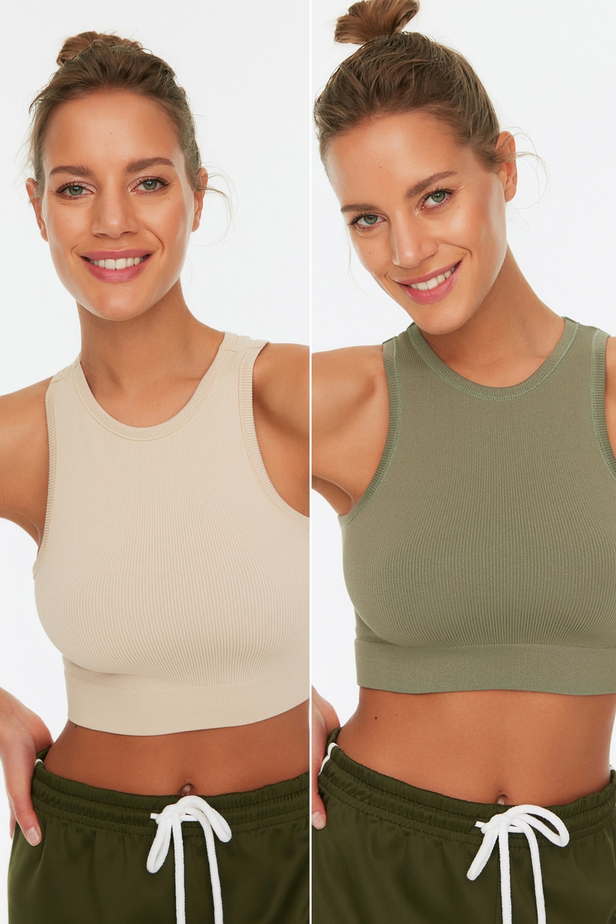 Trendyol 2-Pack Khaki-Stone Seamless/Seamless Lightly Supported/Shaping Sports Bra