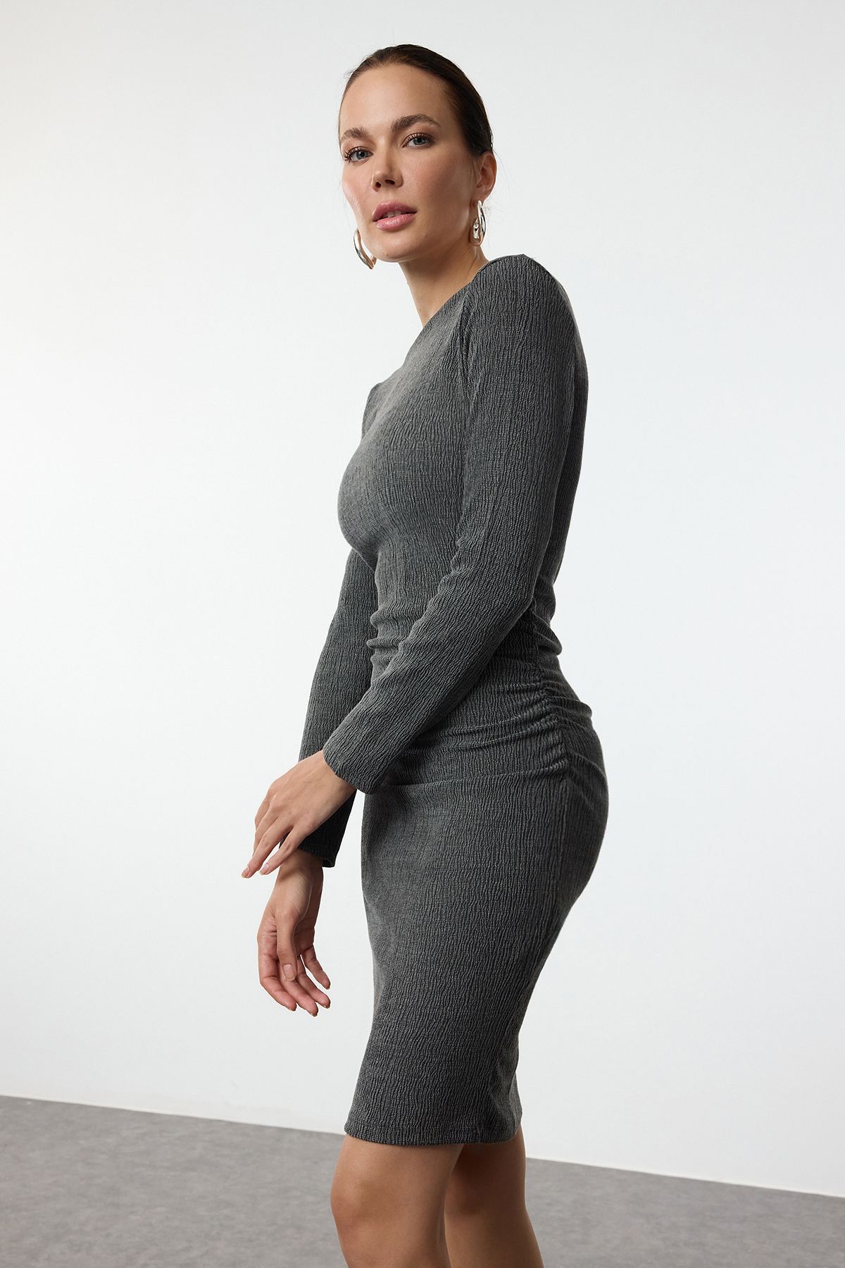 Trendyol Anthracite Straight Ruffle/Drape Detailed Boat Neck Bodycone/Fitting Mini Knitted Dress