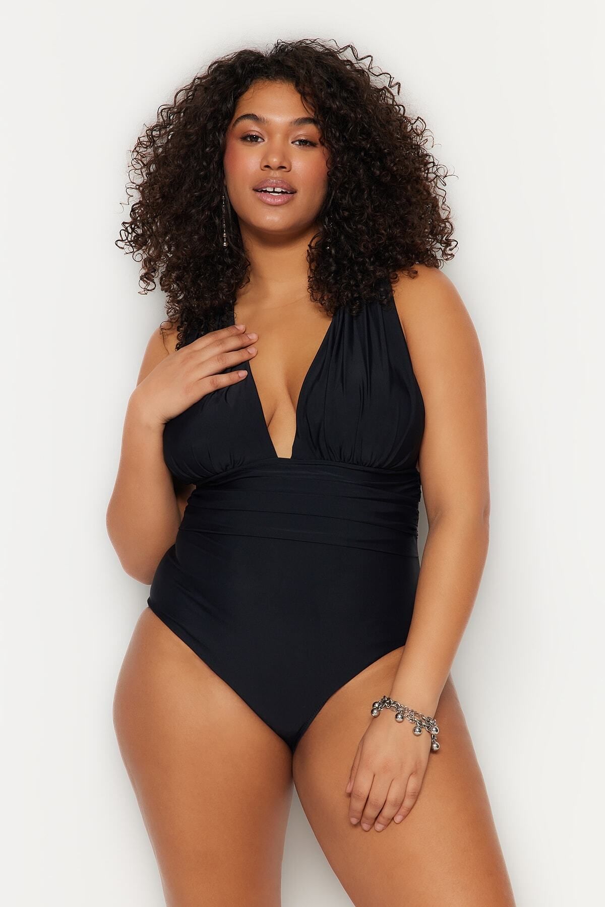Plavky Trendyol Curve Black Deep V Back Cross-Recovery
