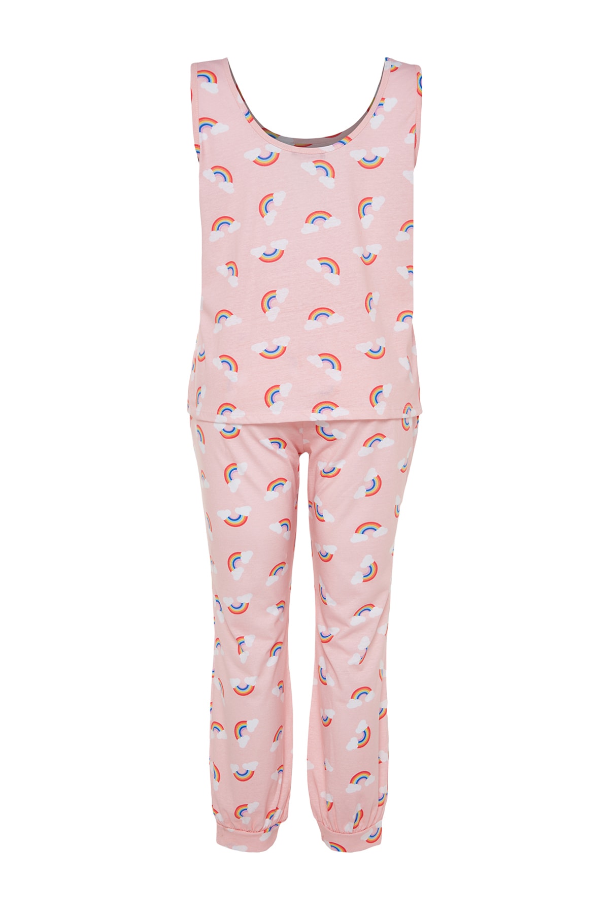 Trendyol Curve Light Pink Rainbow Patterned Knitted Pajamas Set