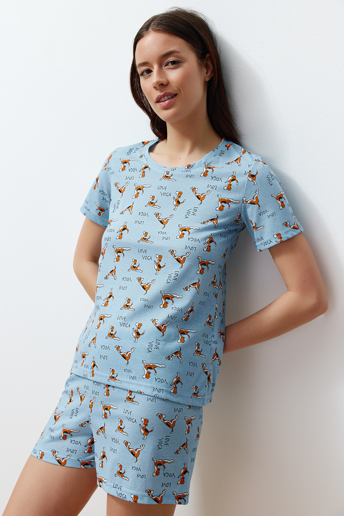 Levně Trendyol Blue Cotton Animal Pattern Knitted Pajamas Set
