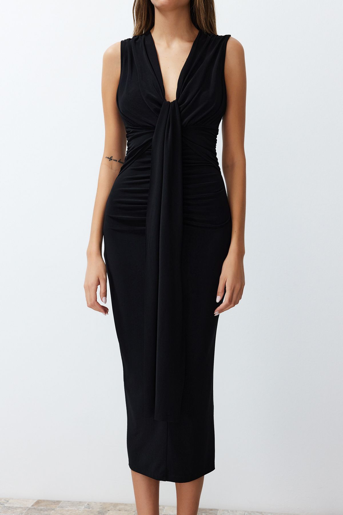 Trendyol Black Fitted Draped Knitted Elegant Evening Dress