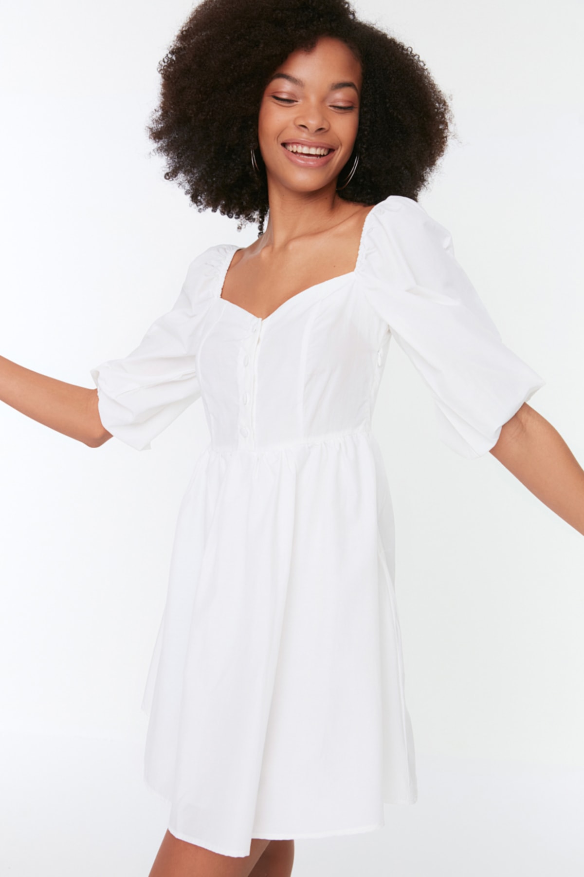 Trendyol Ecru Mini Waist Open Woven Balloon Sleeve Woven Dress