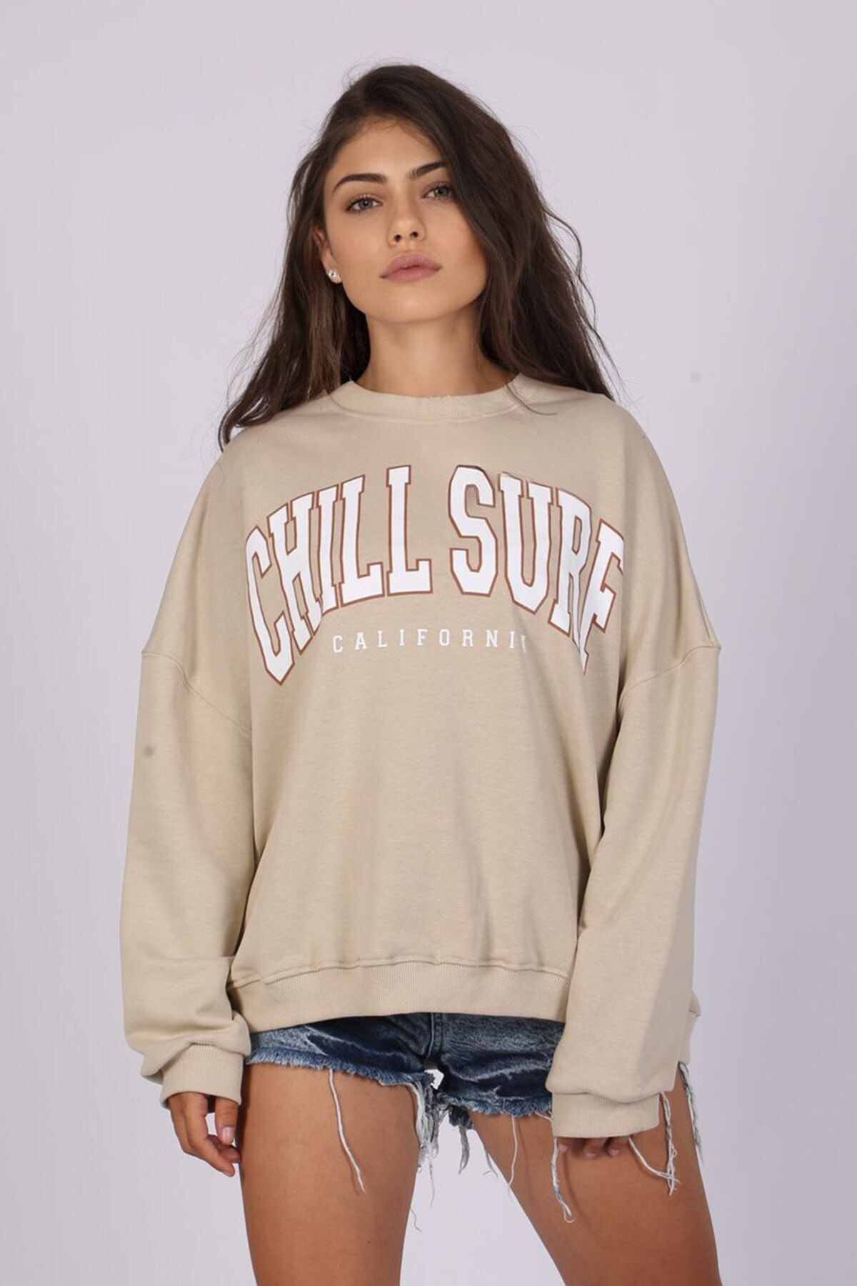 Madmext Mad Girls Women's Beige Printed Sweatshirt