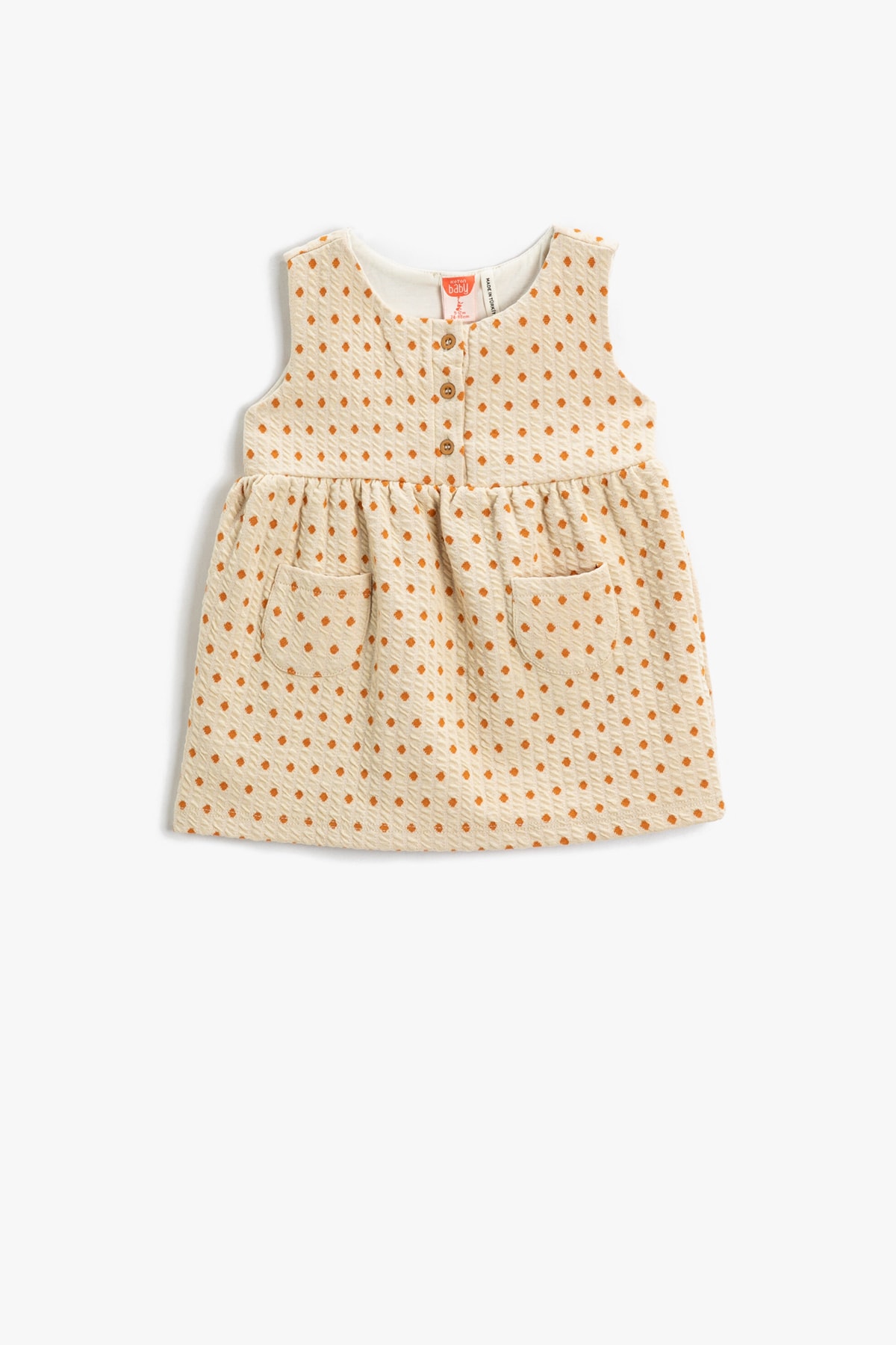 Koton Polka Dot Dress. Textured Buttons, Pockets, Round Neck, Sleeveless.