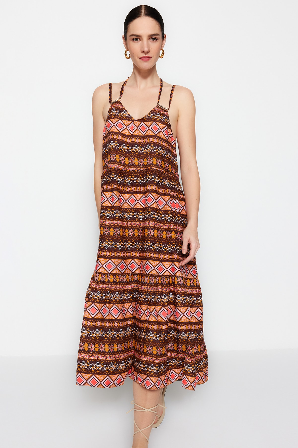 Trendyol Brown Straight Cut Midi Woven Ethnic Print Dress with Back Detail