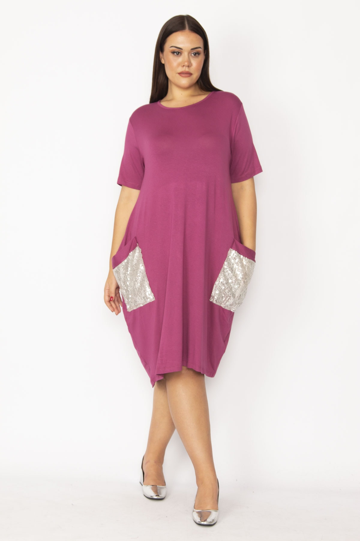 Şans Women's Plus Size Lilac Pocket Sequin Detail Viscose Dress