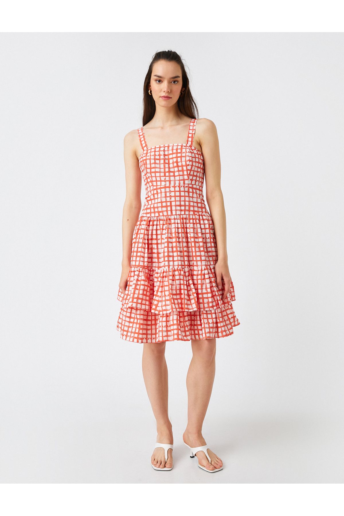 Rochie midi in carouri Koton cu bretele si volane