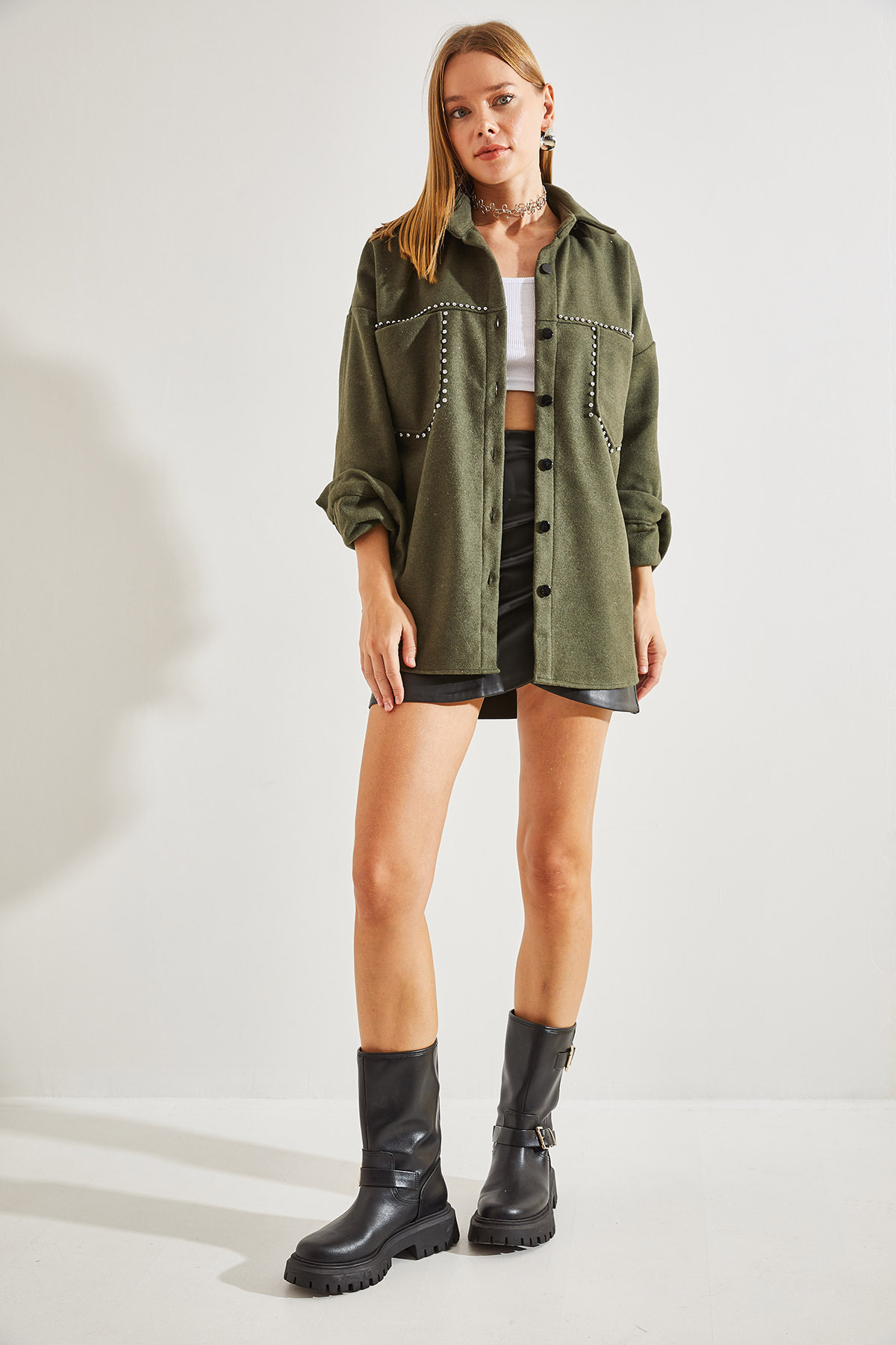 Jachetă Bianco Lucci Women's Stone Embroeded Cachet cu buzunare duble