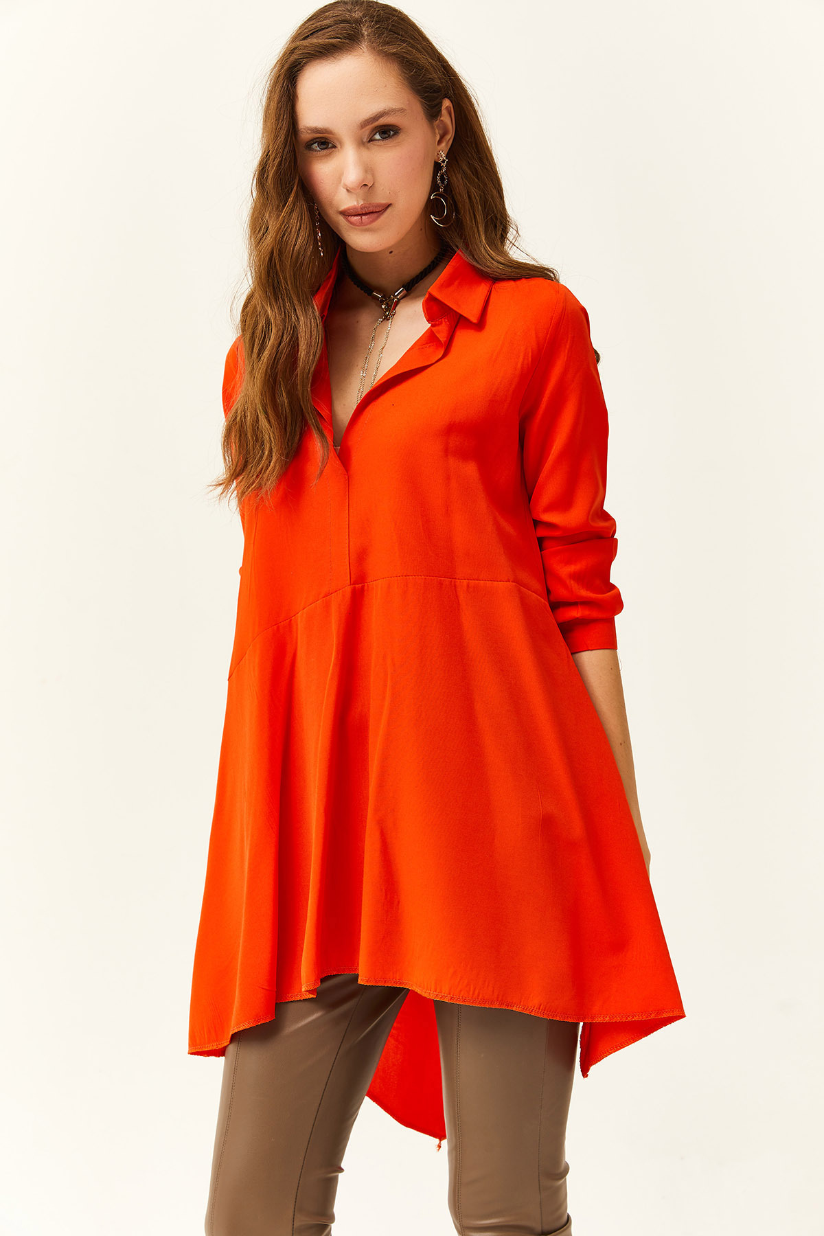 Olalook Women's Orange Shirt Collar Asymmetric Tunic