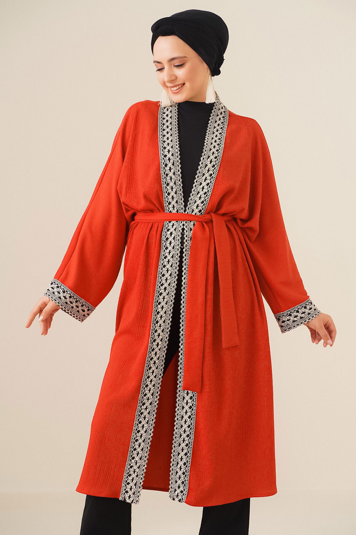 Bigdart 5865 Embroidered Knitted Long Kimono - Tile