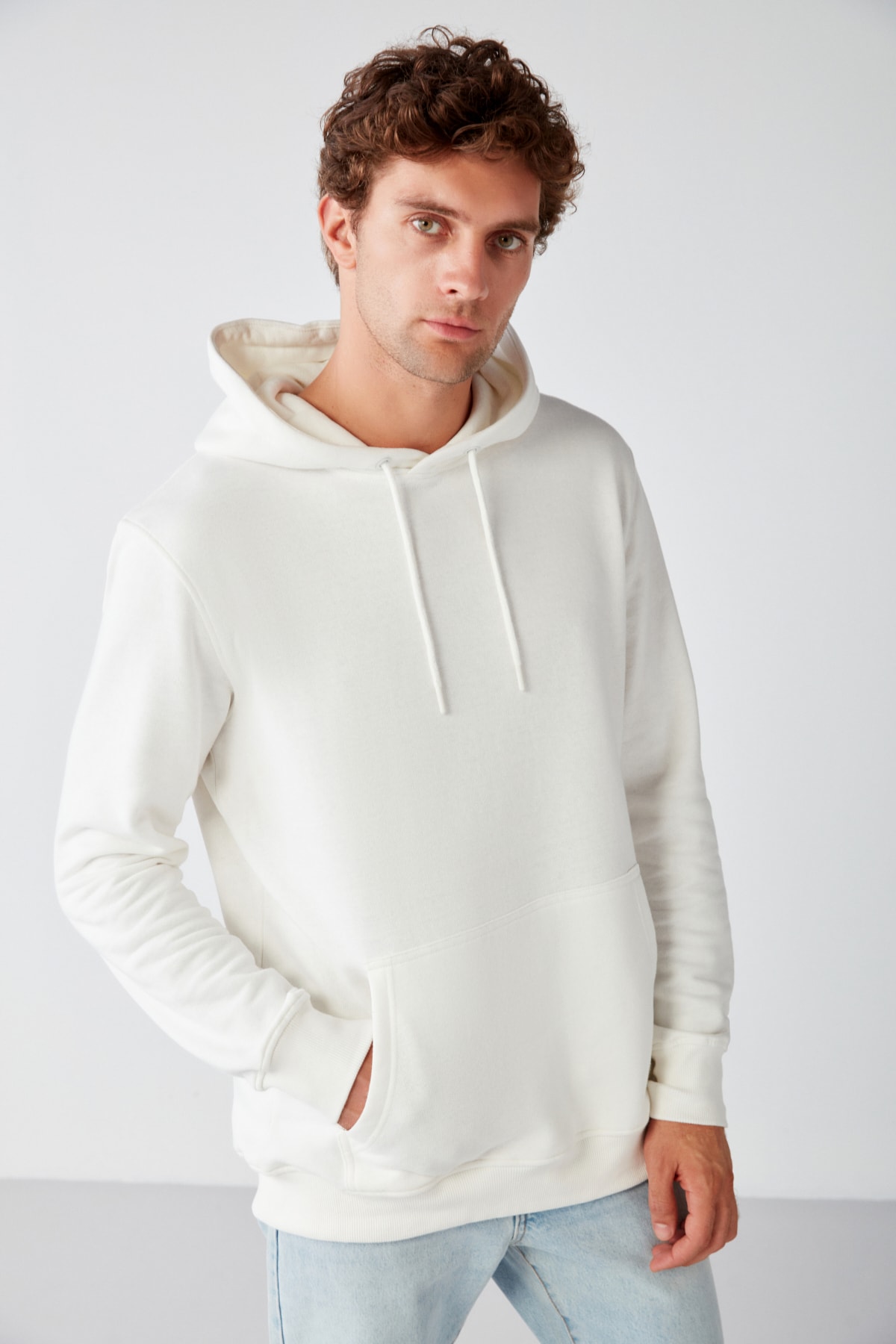 Levně GRIMELANGE Jorge Men's Soft Fabric Hooded Corded Regular Fit Ecru Sweatshirt