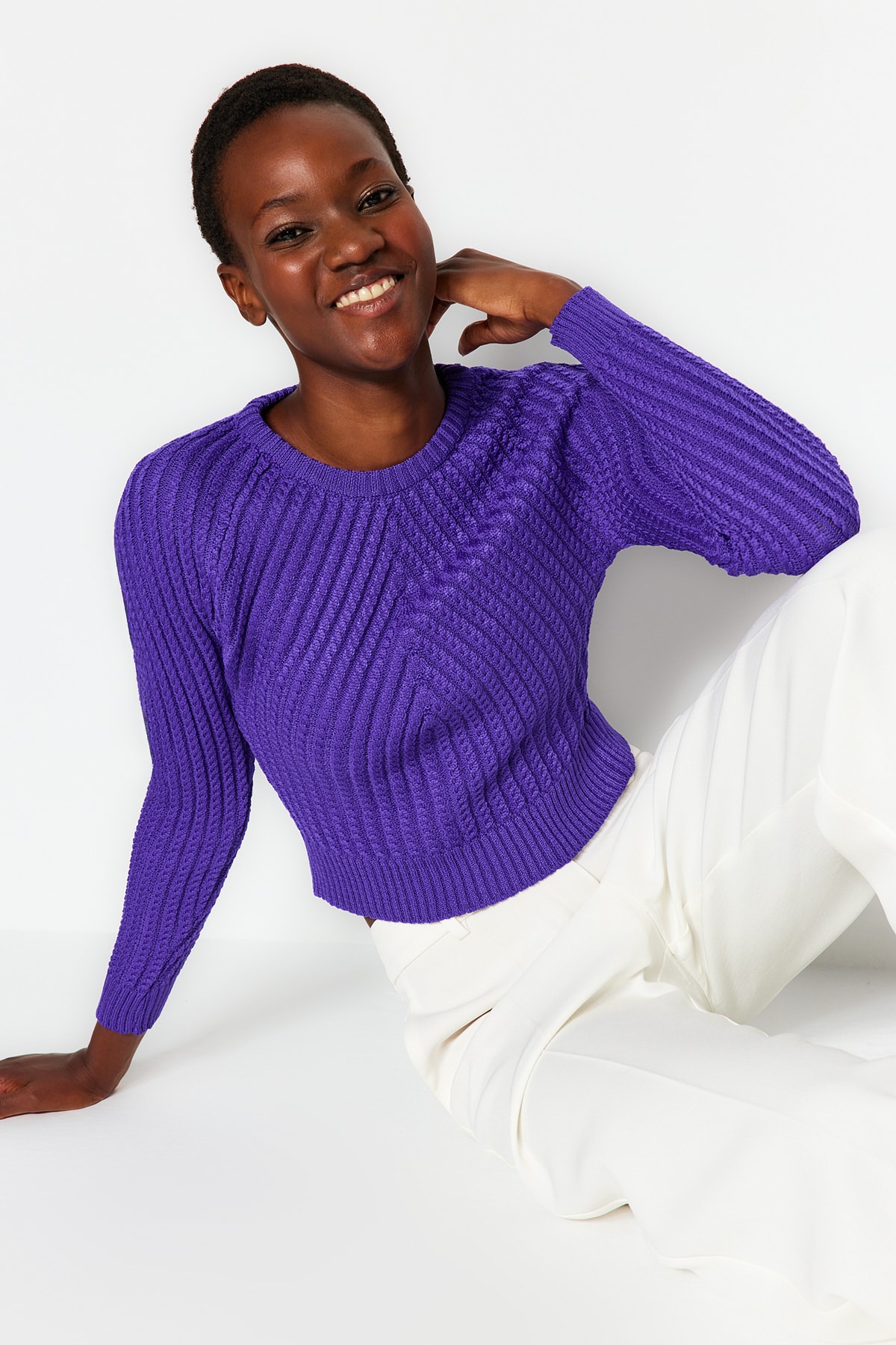 Trendyol Purple Crop Crew Neck Knitwear Sweater