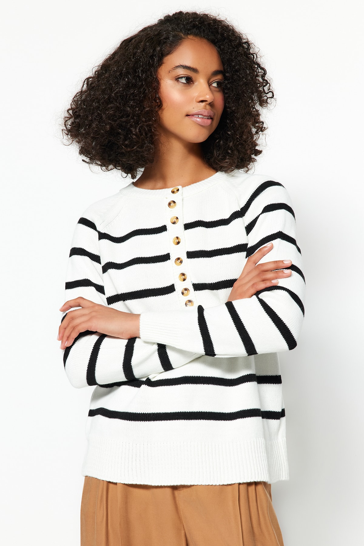 Trendyol Ecru Button Detailed Crewneck Knitwear Sweater