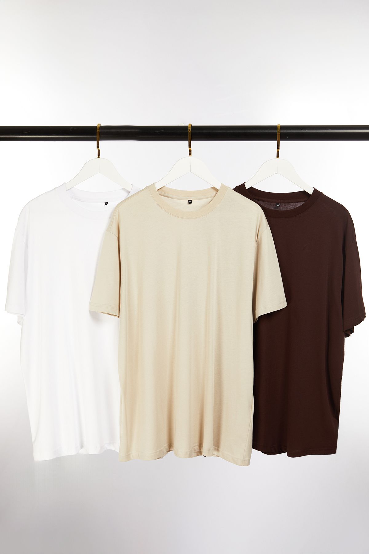 Trendyol Dark Brown-Stone-White Plus Size 3 Pack Regular Cut 100% Cotton T-Shirt