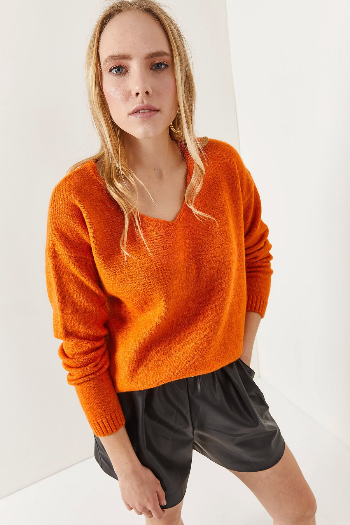 Olalook Women's Orange V-Neck Soft Textured Knitwear Sweater