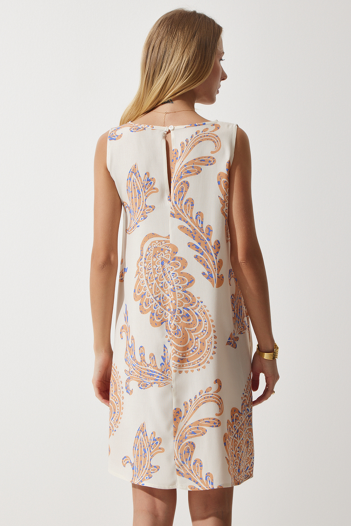 Happiness İstanbul Women's Cream Peach Patterned Linen Viscose Mini Dress