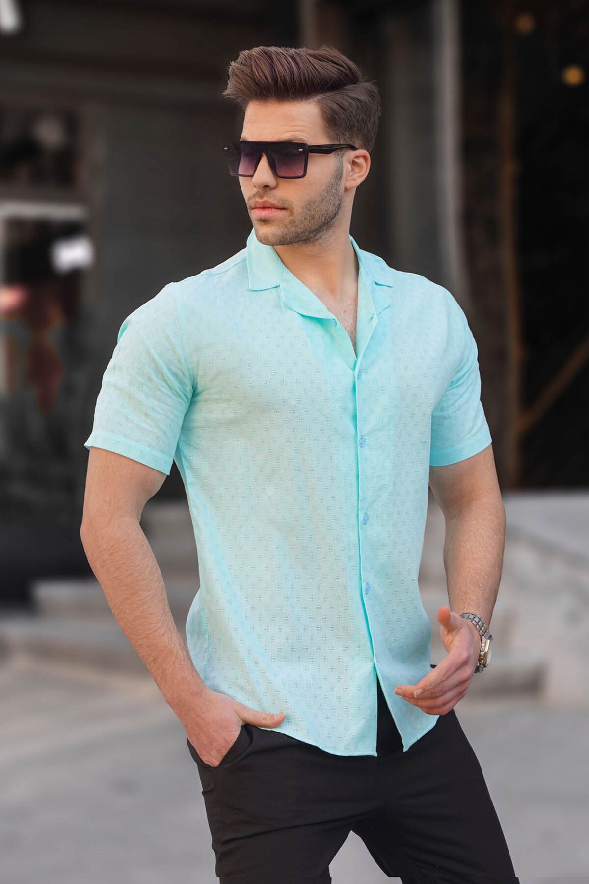 Levně Madmext Turquoise Slim Fit 100% Cotton Short Sleeve Men's Shirt 5585