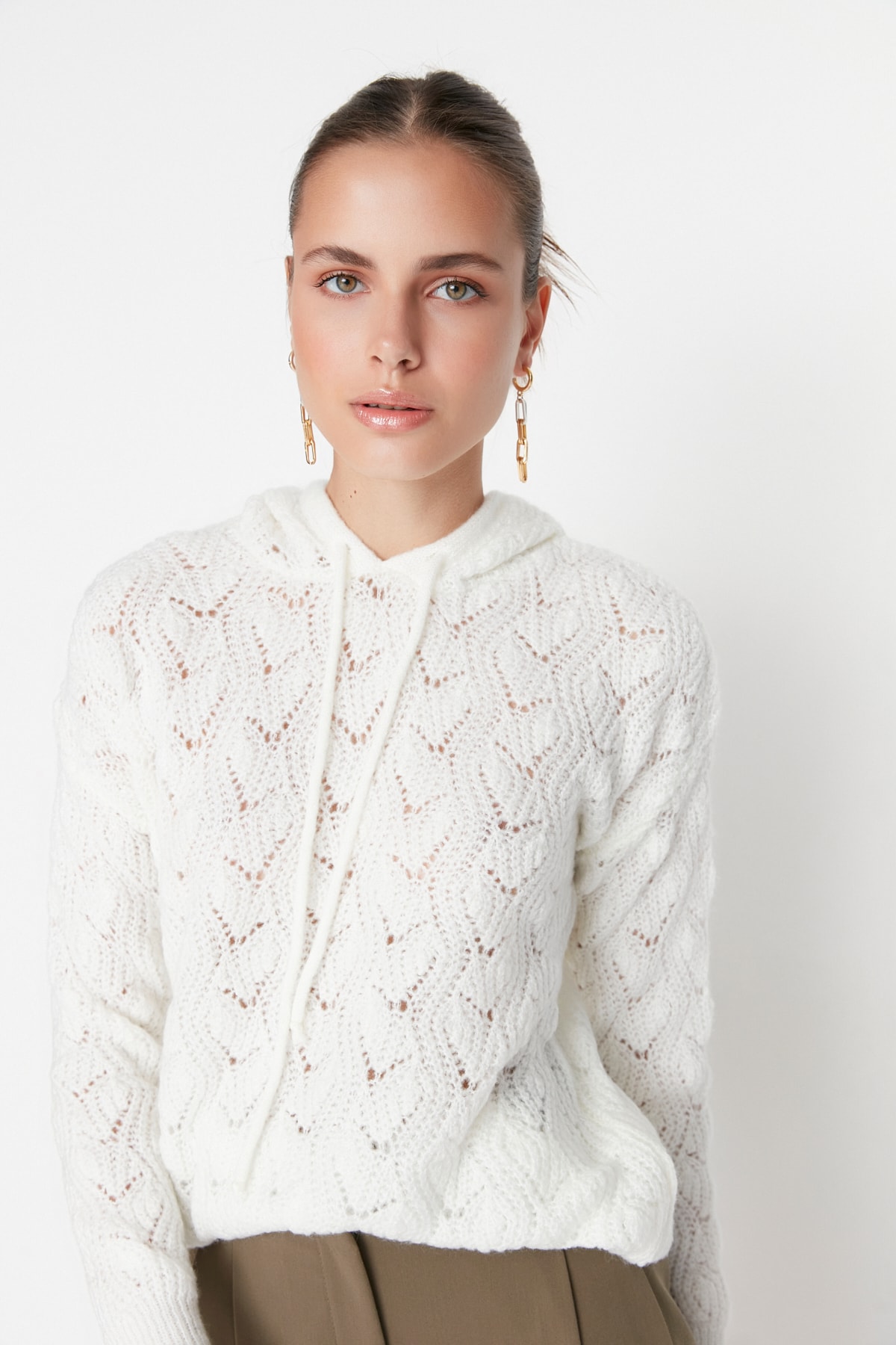 Trendyol Ecru Hooded Detailed Knitwear Sweater