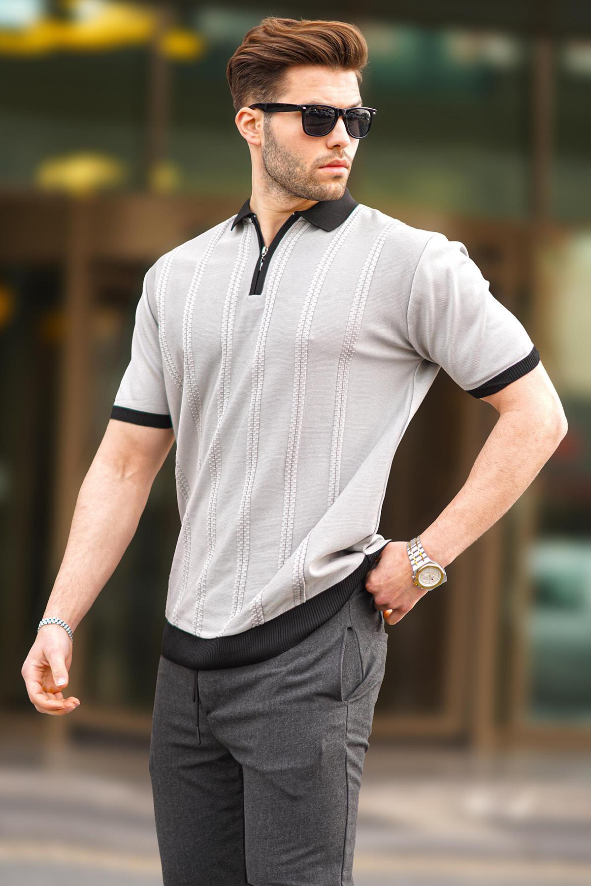Madmext Gray Zipper Detailed Polo Collar Men's T-Shirt 6874