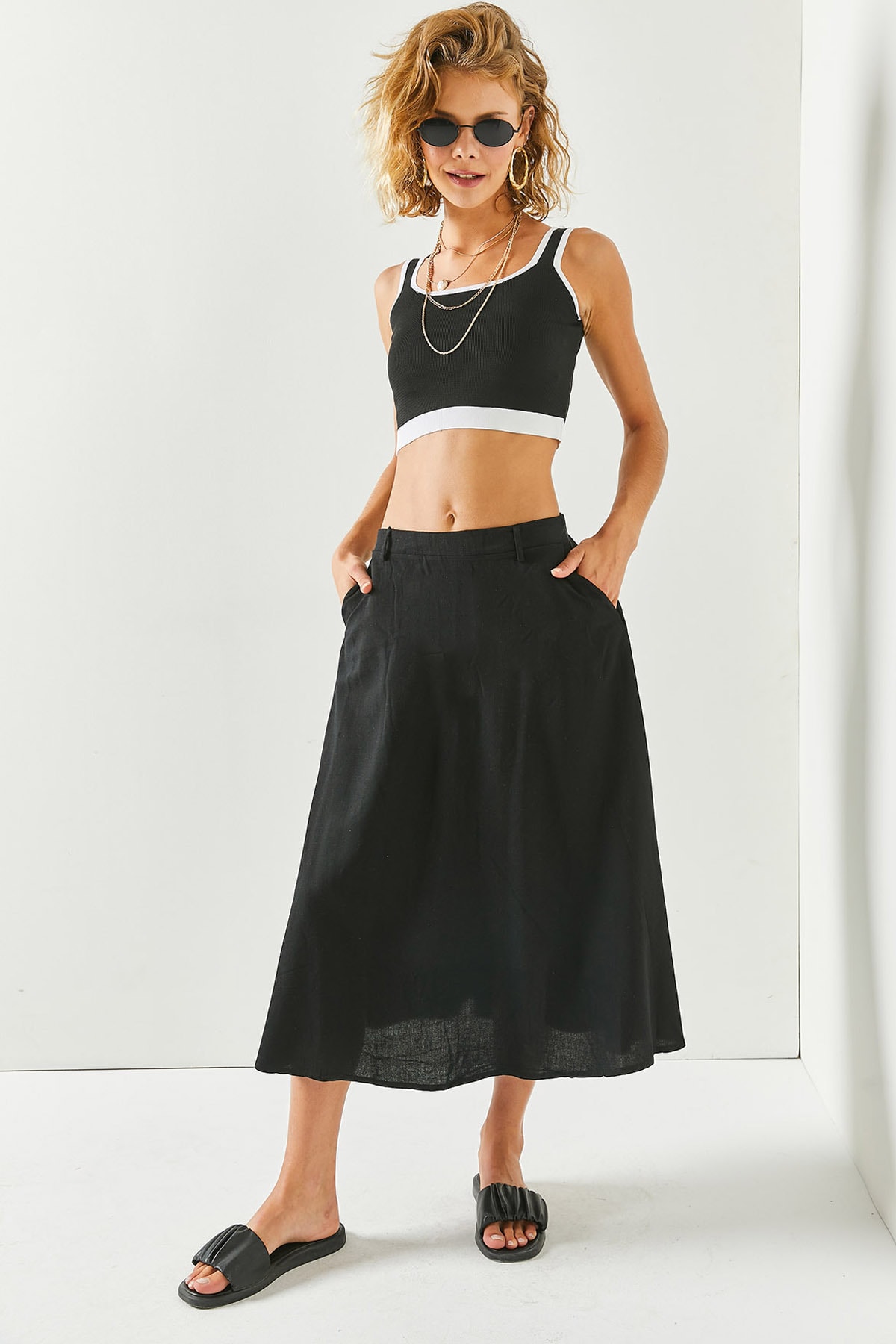 Olalook Women's Black A-Line Cut Midi Linen Skirt