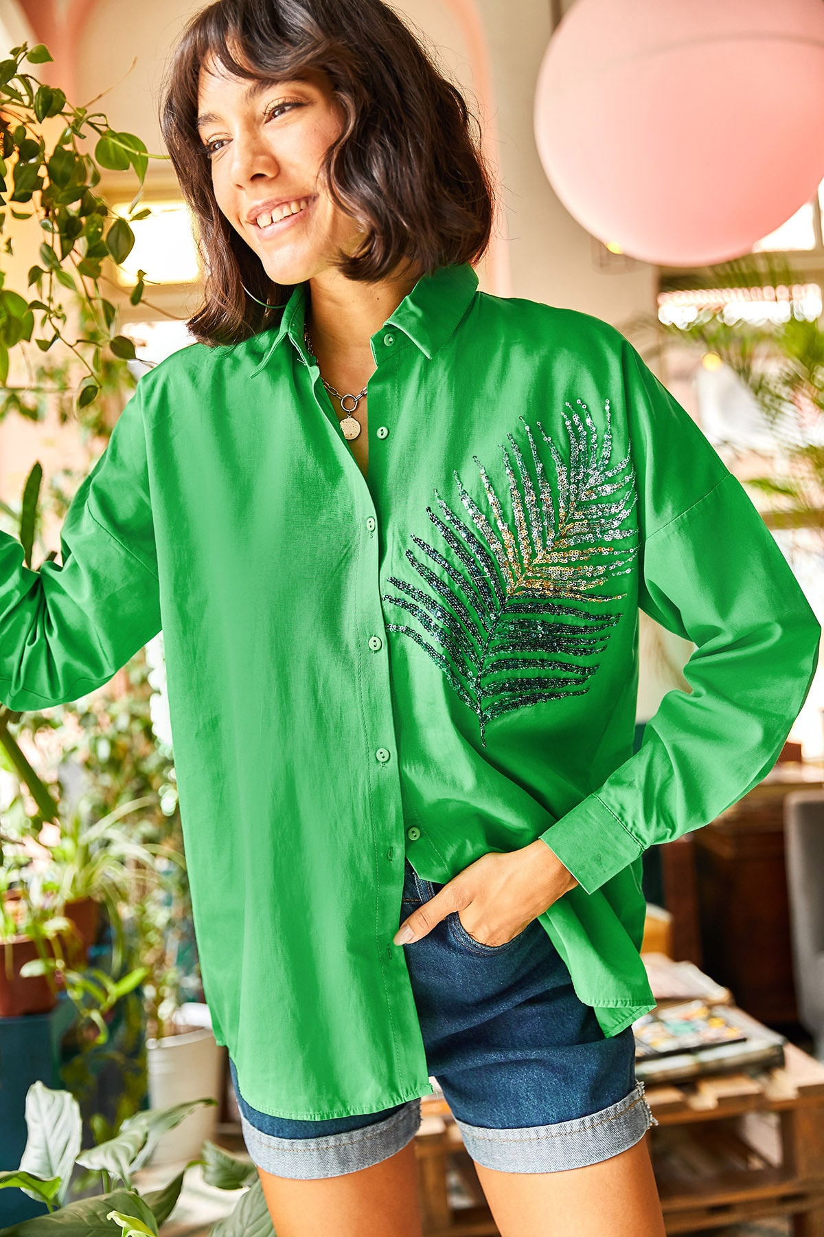 Levně Olalook Women's Grass Green Palm Sequin Detailed Oversized Woven Poplin Shirt