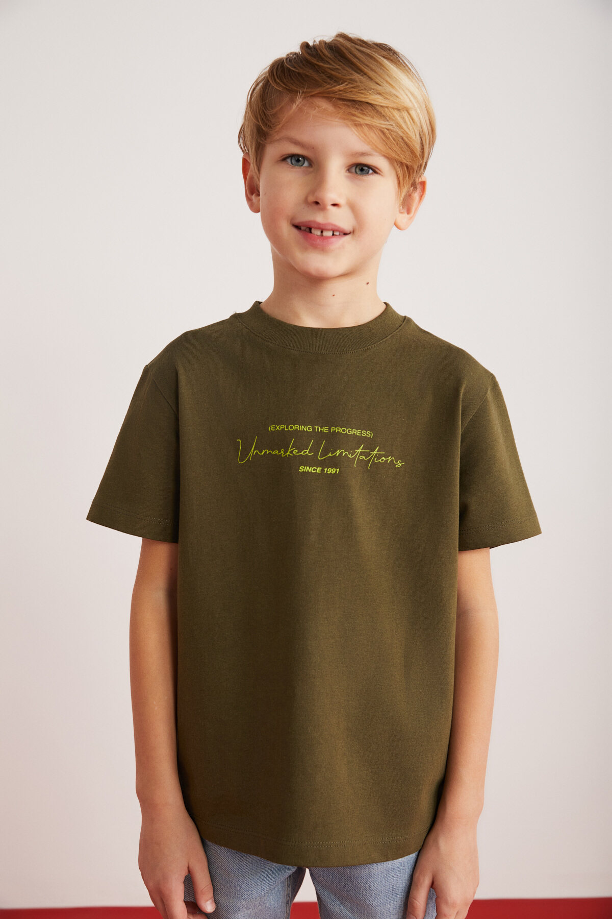 GRIMELANGE Rune Boys' 100% Cotton Short Sleeve Piece Printed Crew Neck Khaki T-shirt