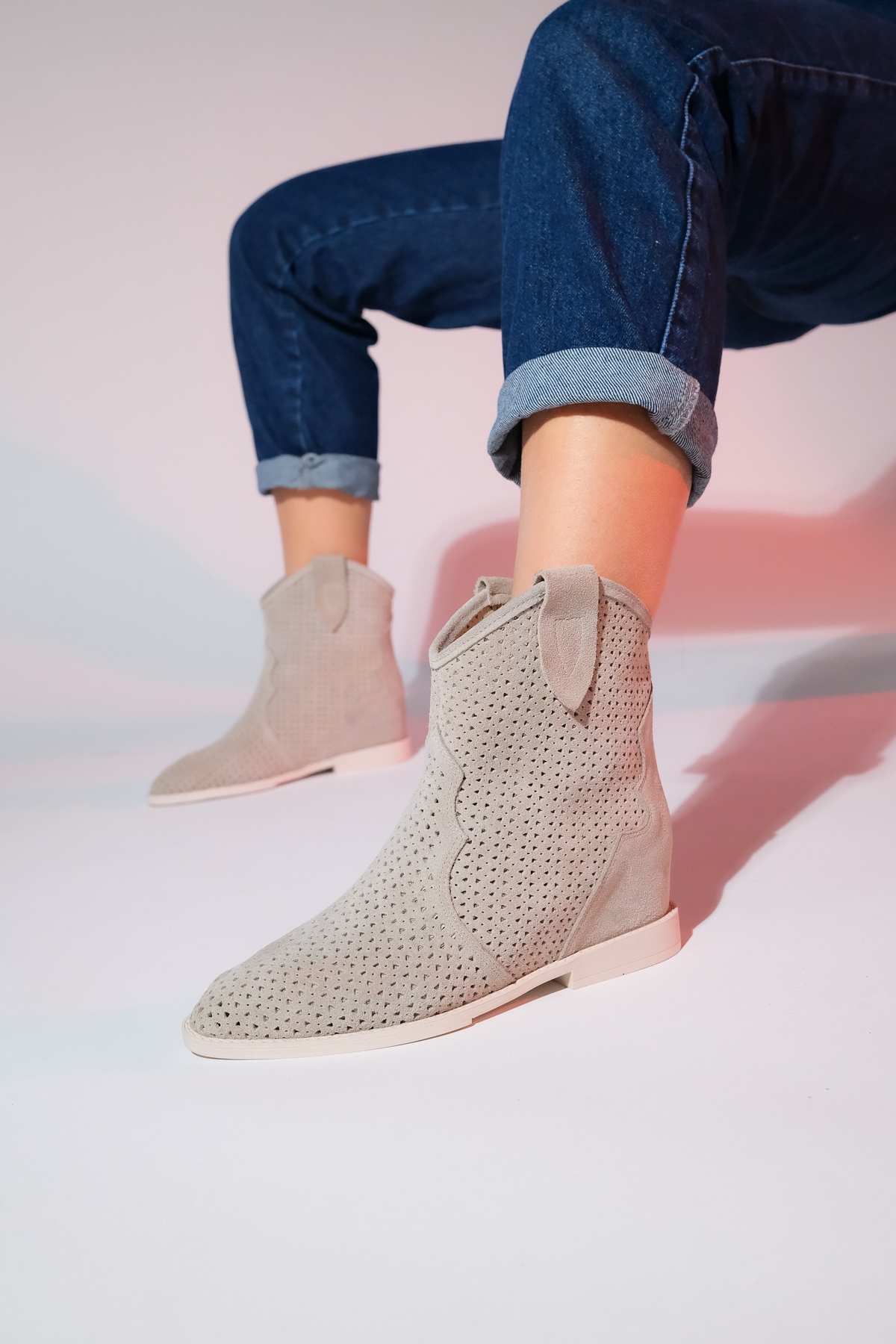 LuviShoes LOIVOS Women's Beige Suede Genuine Leather Perforated Hidden Heel Summer Boots