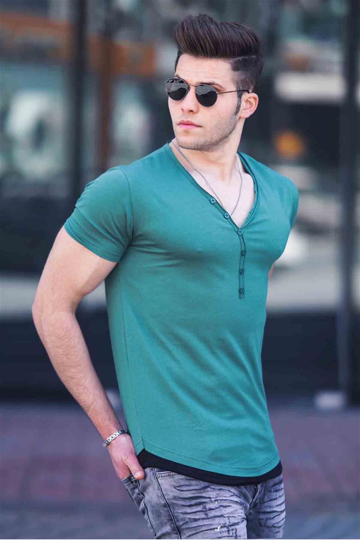 Madmext Green Men's T-Shirt with Buttons 4490