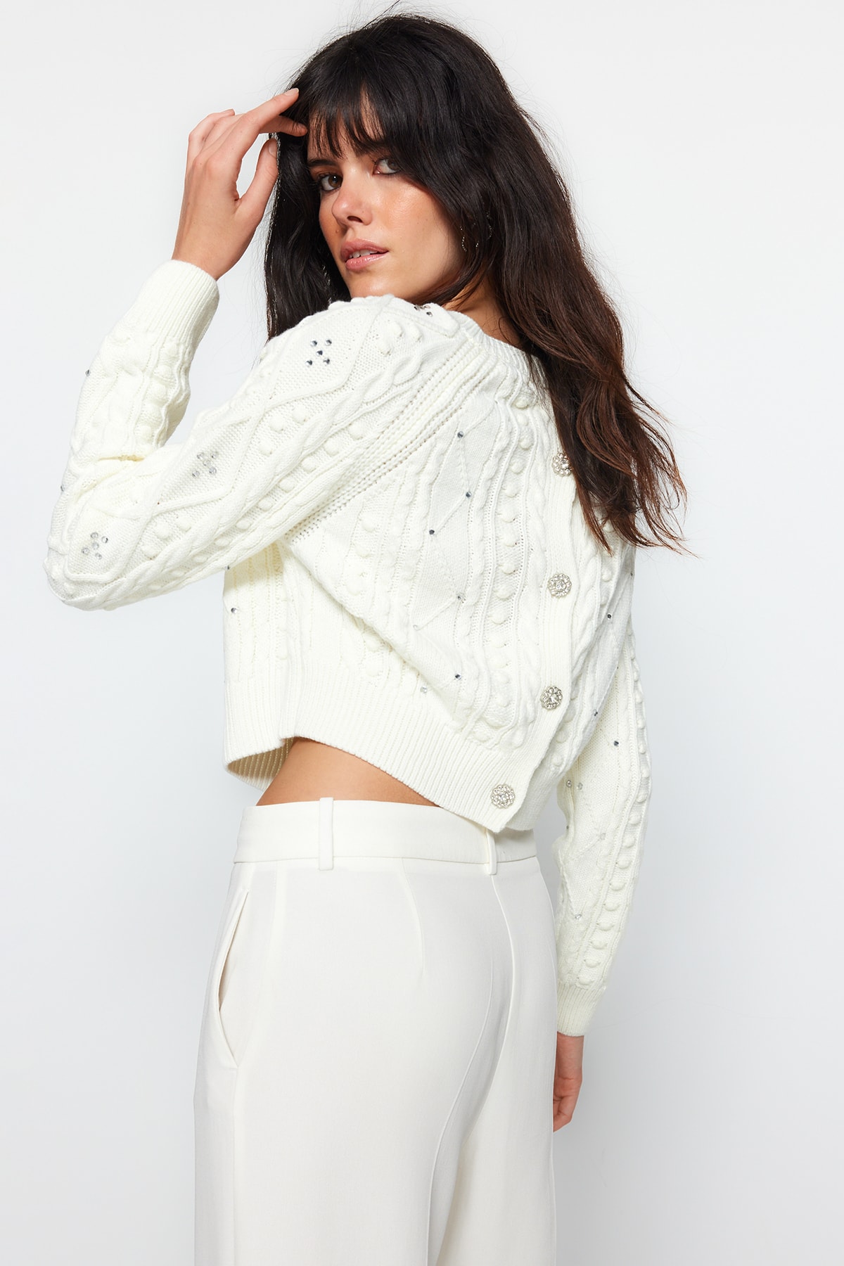 Trendyol Ecru Hair Knit Functional Knitwear Sweater-cardigan