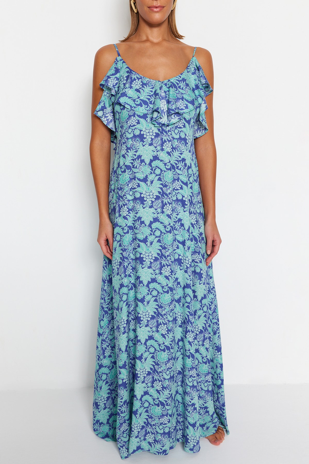 Trendyol Floral Pattern Maxi Woven Flounce Beach Dress