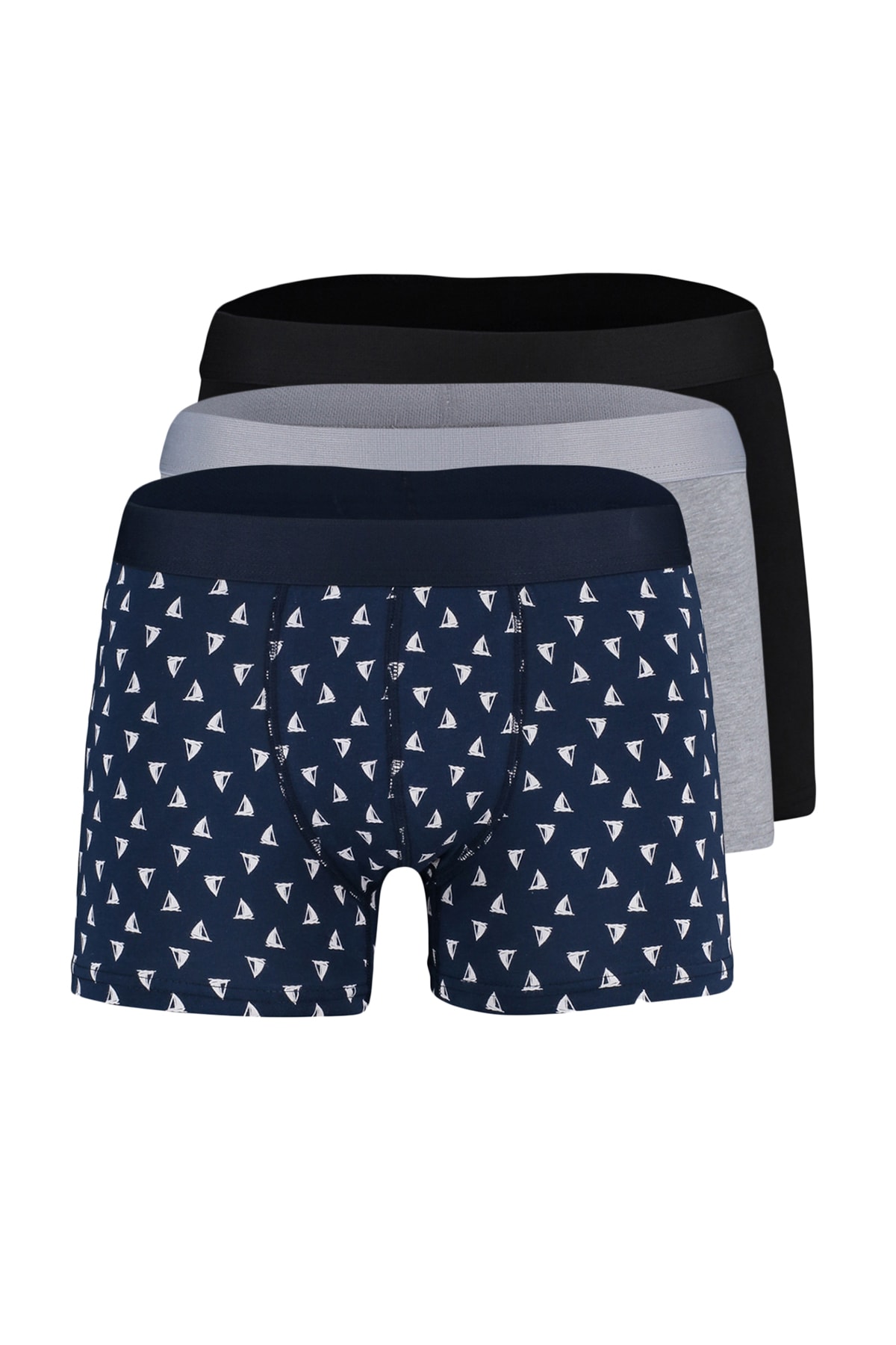 Trendyol Multicolored 3-Piece Marine Patterned-Plain Pack Cotton Boxers