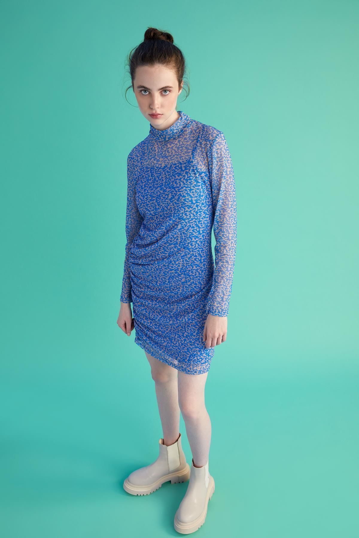 DEFACTO Bodycon Bodycon Half Turtleneck Patterned Tulle Long Sleeve Mini Dress