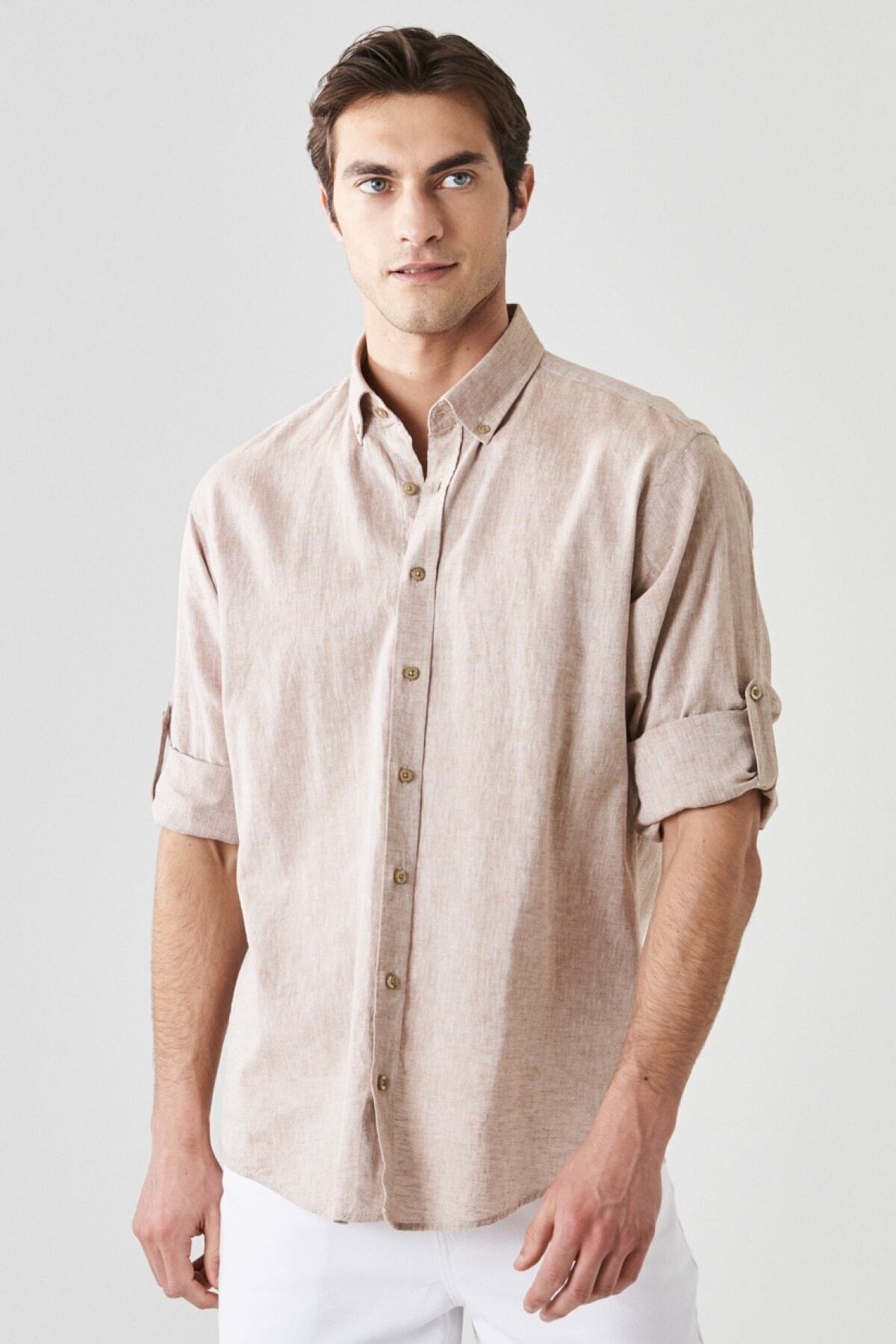 AC&Co / Altınyıldız Classics Men's Camel Comfort Fit Relaxed Cut Buttoned Collar Casual Linen Shirt