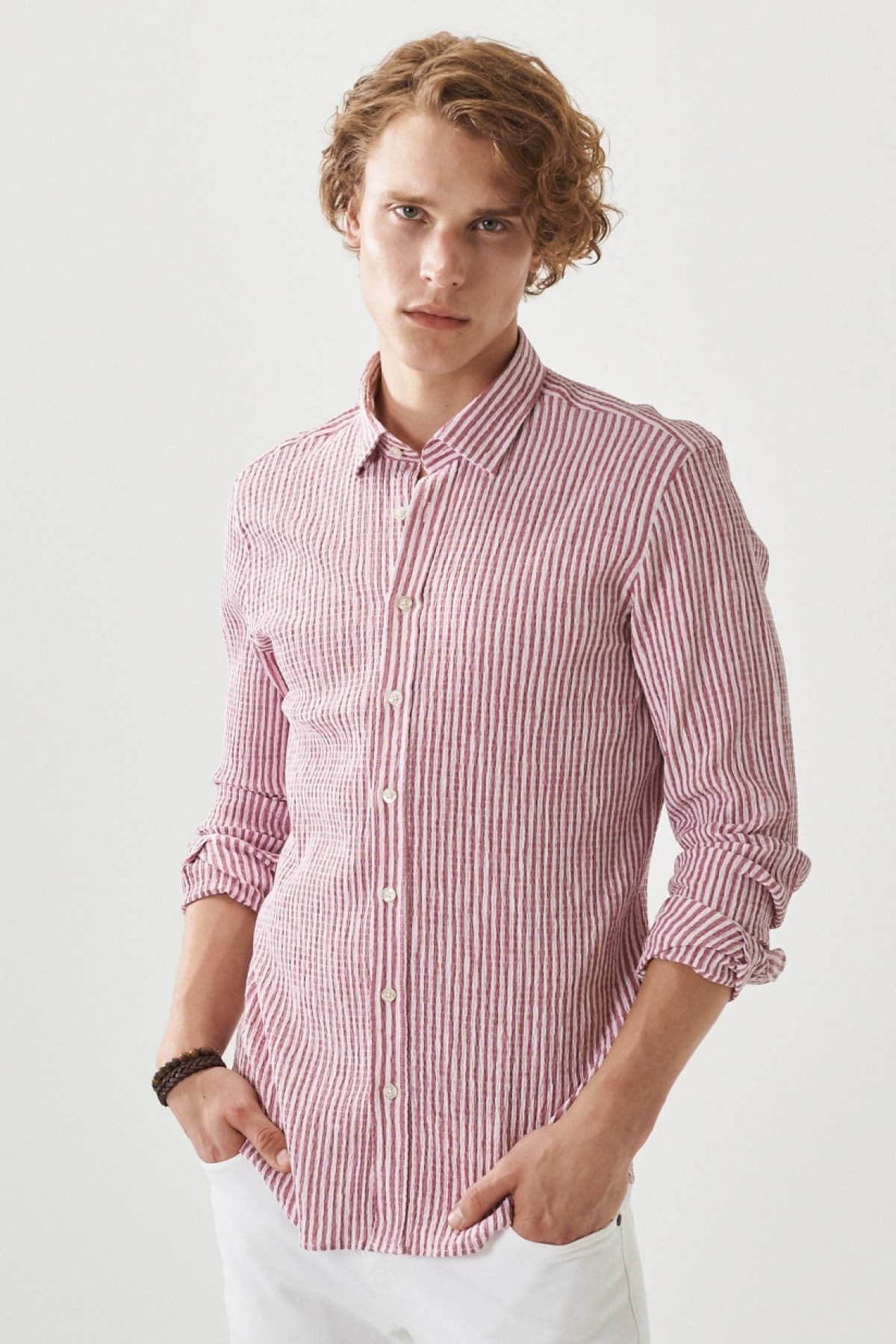 Levně AC&Co / Altınyıldız Classics Men's White-burgundy Slim Fit Slim Fit Button-down Collar Striped Shirt